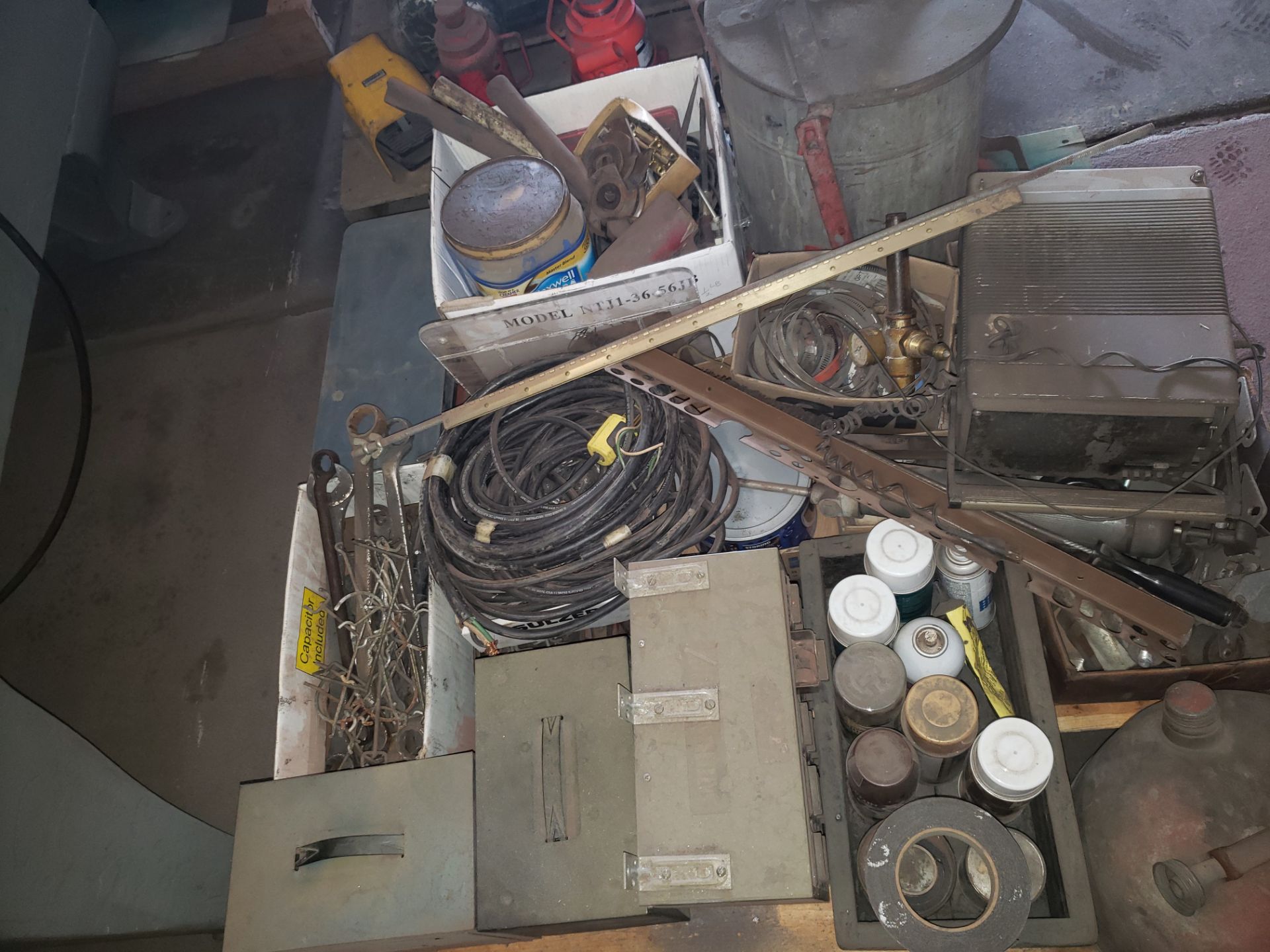 PALLET OF MISC. WIRE; OIL RAG CAN; GAS CAN; WRENCHES & HAMMERS - Image 3 of 3