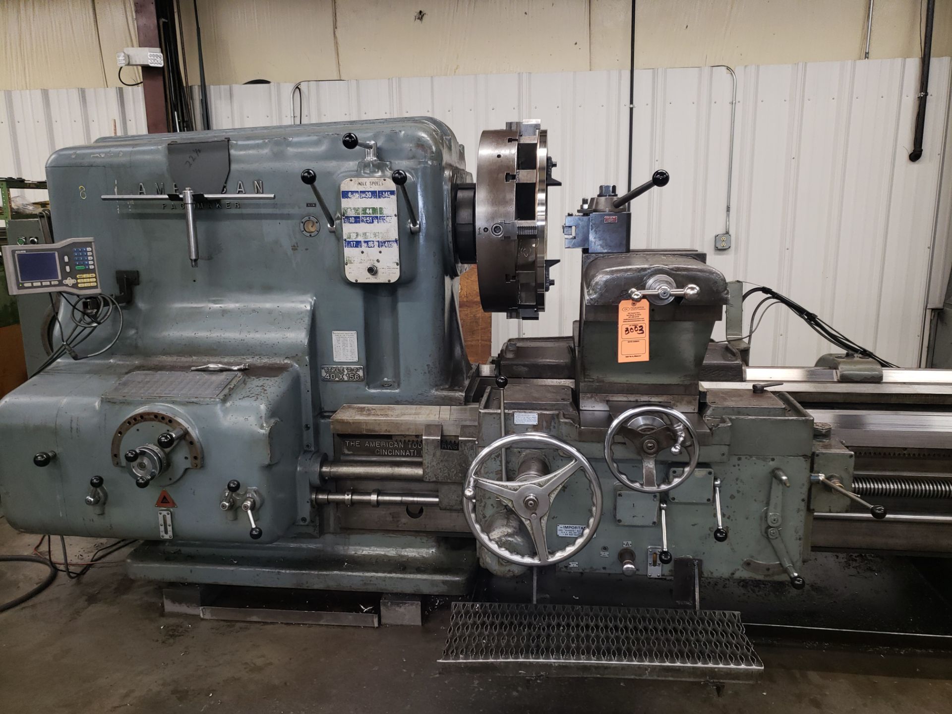 AMERICAN PACEMAKER U-9 LATHE 40 X 156 40 HP ACU-RITE DRO M-2XG PALLET OF TOOLING FACE PLATE (LOCATED - Image 4 of 12