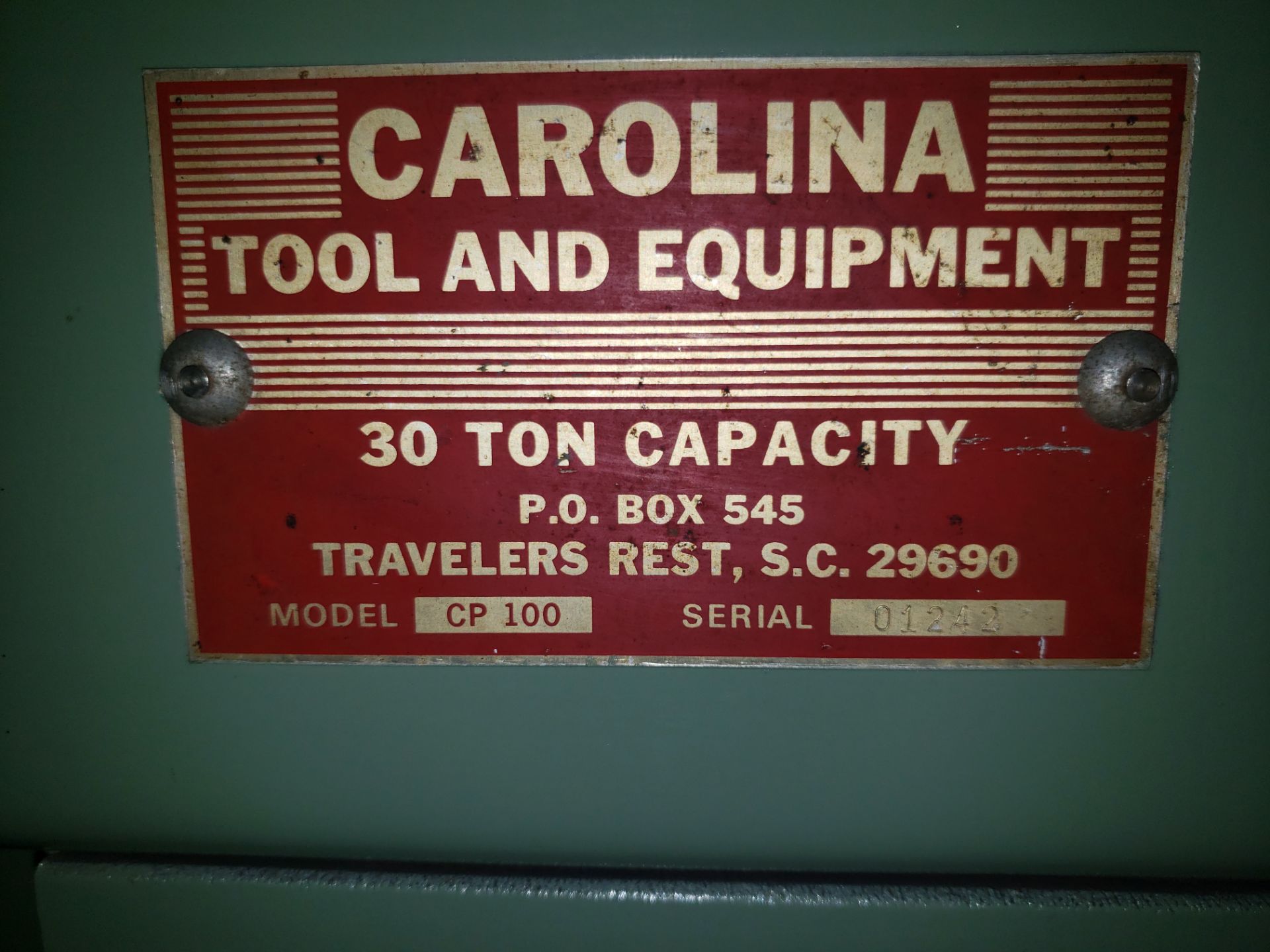 CAROLINA TOOL H-FRAME PRESS MODEL-CP100 S#01242 30 TON - Image 2 of 3