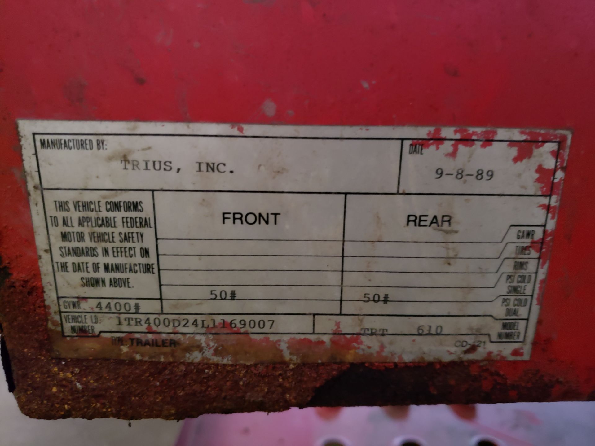 1989 TRIUS INC CAR HAULER COLLAPSABLE TONGUE GVWR-4400 LBS. VIN#1TR400D24L1169007 - Image 3 of 3