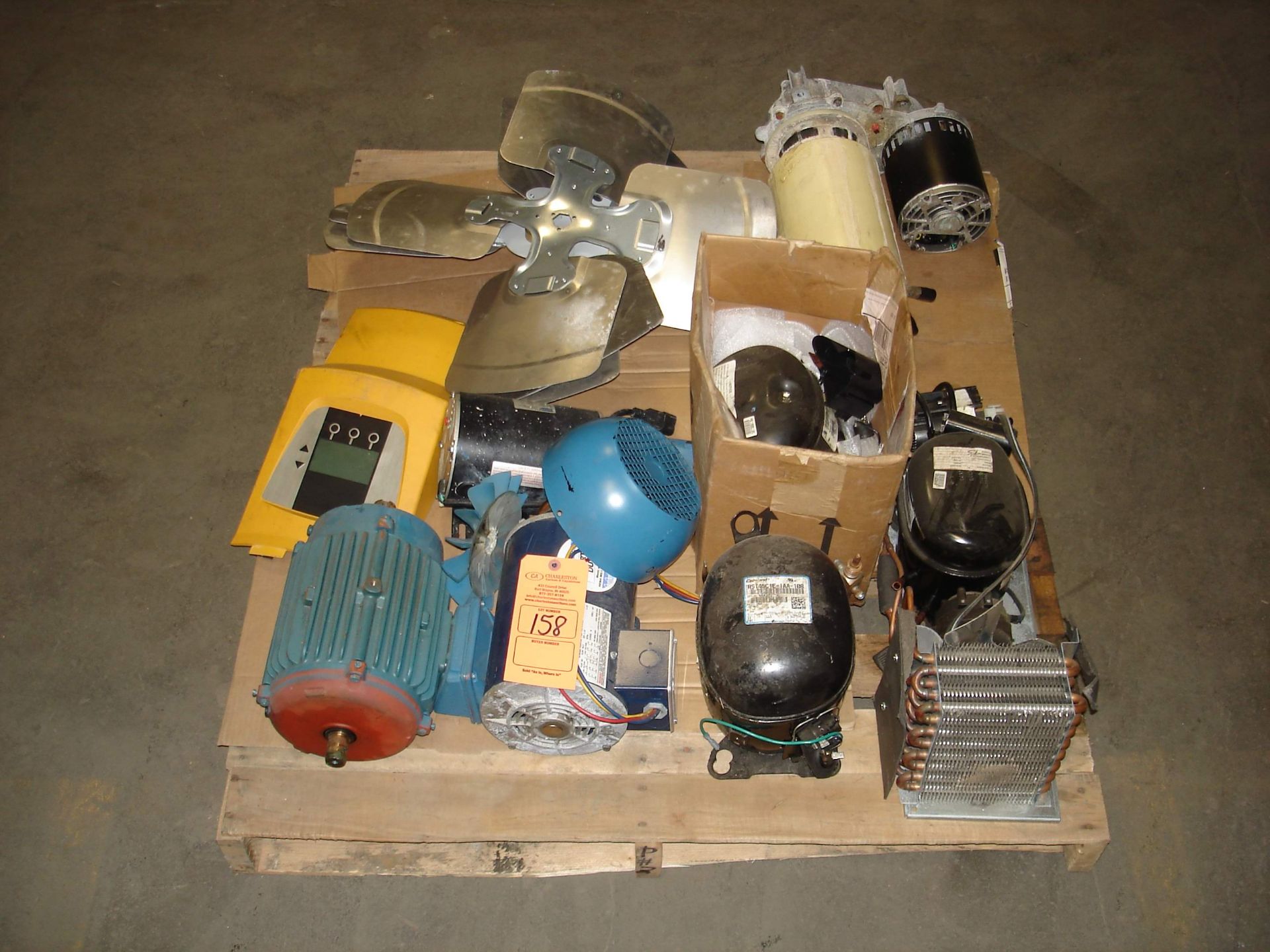 PALLET OF MISC INDUSTRIAL AND HVAC ITEMS MOTORS COMPRESSORS FANS (LOCATED AT: 1200 KIBBY STREET BLDG