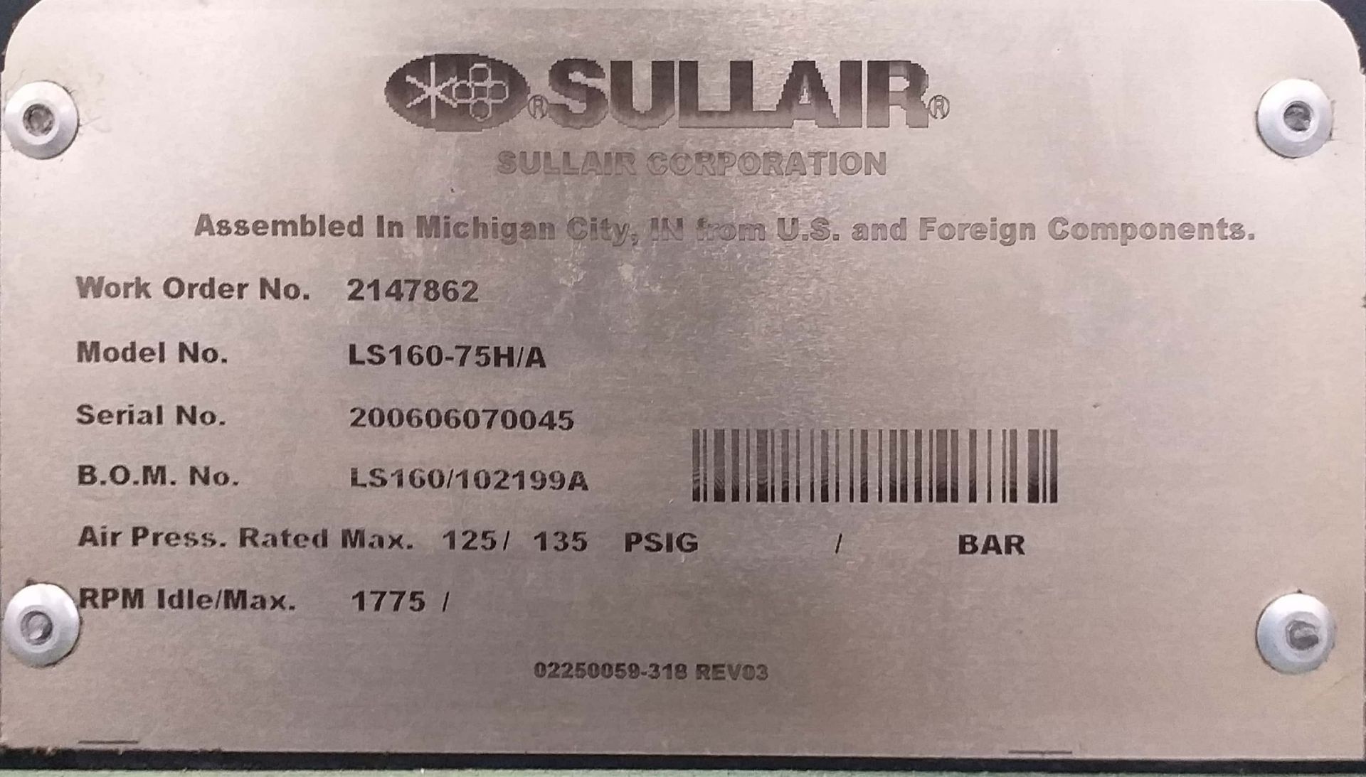 SULLAIR Compressor, Model LS160-75H/A, N/S 200606070045, Air Press. 125/135 PSIG; Compresor - Image 2 of 2