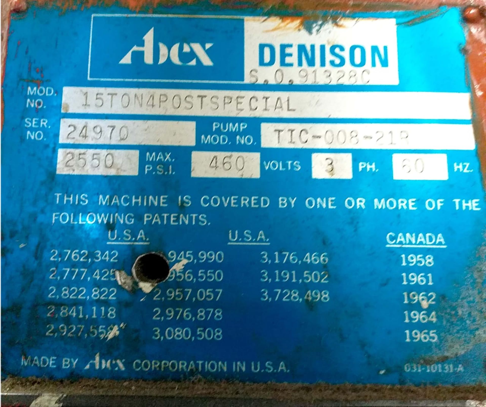 MULTIPRESS ABEX DENISON First form press, Model 15tons 4 Postspecial, N/S 24970, Pump No. TIC-008- - Image 2 of 2