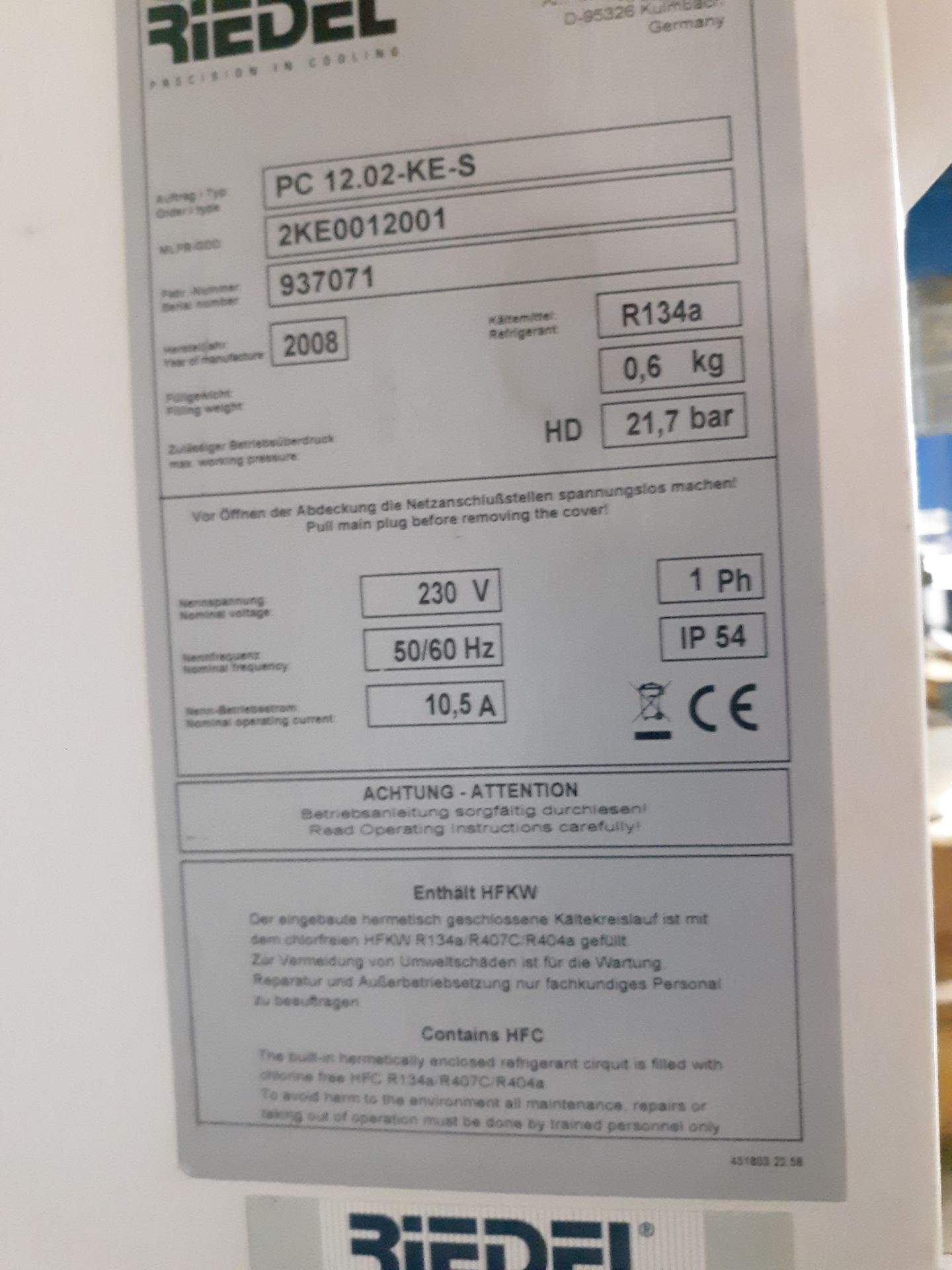 RIEDEL CHILLER MODEL-PC12.02-KES ; RIGGING FEE: $10 - Image 3 of 3