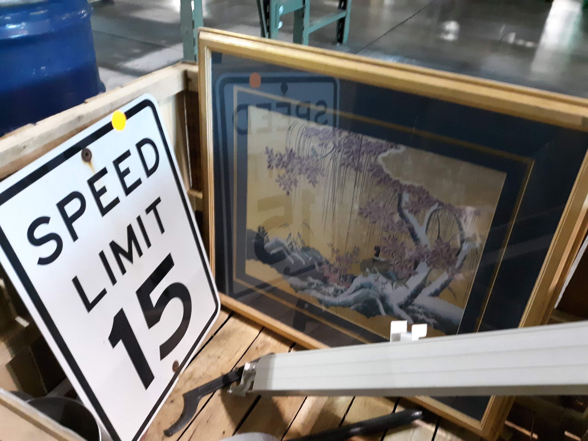 CRATE OF MISC. INCLUDING PICTURE; SPEED LIMIT SIGN; 2-WOOD FRAME WINDOWS ETC. ; RIGGING FEE: $10 - Image 2 of 4