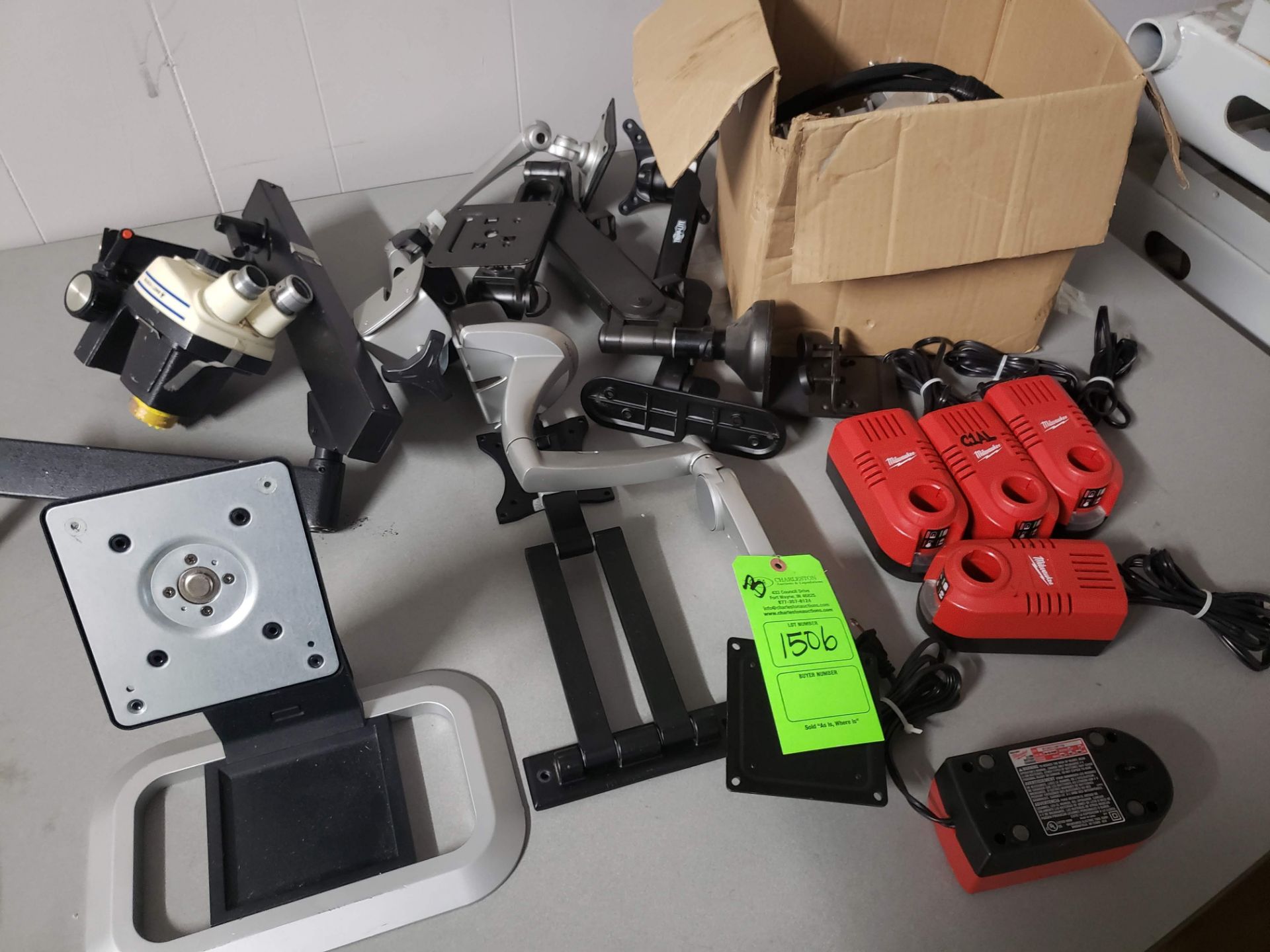 LOT OF MISC. ADJUSTABLE EQUIPMENT MOUNTS/STANDS; LOT OF (5) MILWAUKEE BATTERY CHARGERS MODEL-48-59-