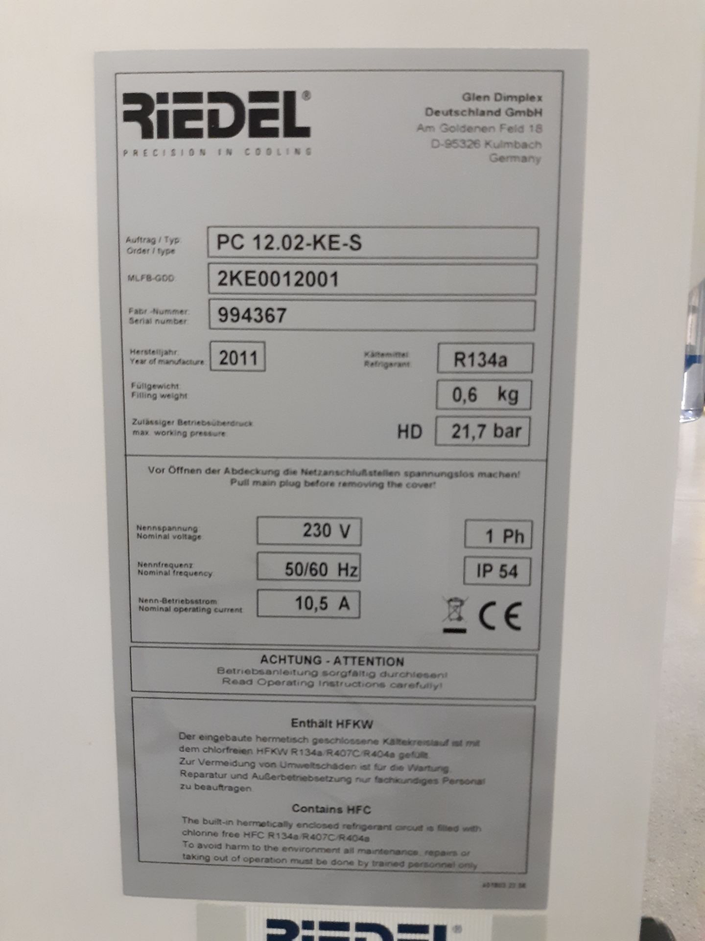 RIEDEL AIR-COOLED RECIRCULATING CHILLER: RIGGING FEE: $10 - Image 2 of 2