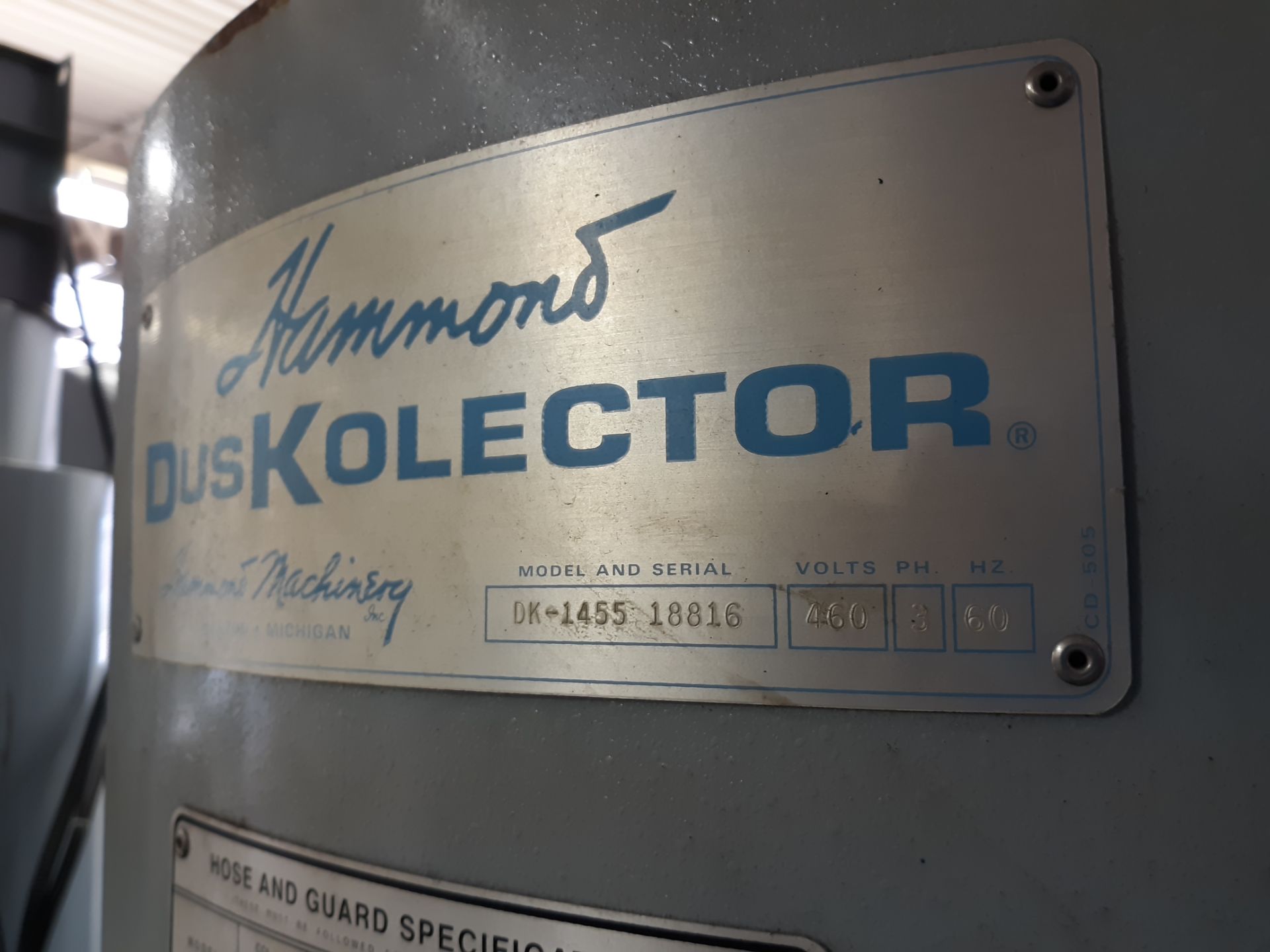 HAMMOND ROTO-FINISH CYCLONE DUSKELECTOR MODEL-DK1455 S#18816 W/ ELEKTRIM ELECTRIC MOTOR TYPE-ESH S# - Image 3 of 5