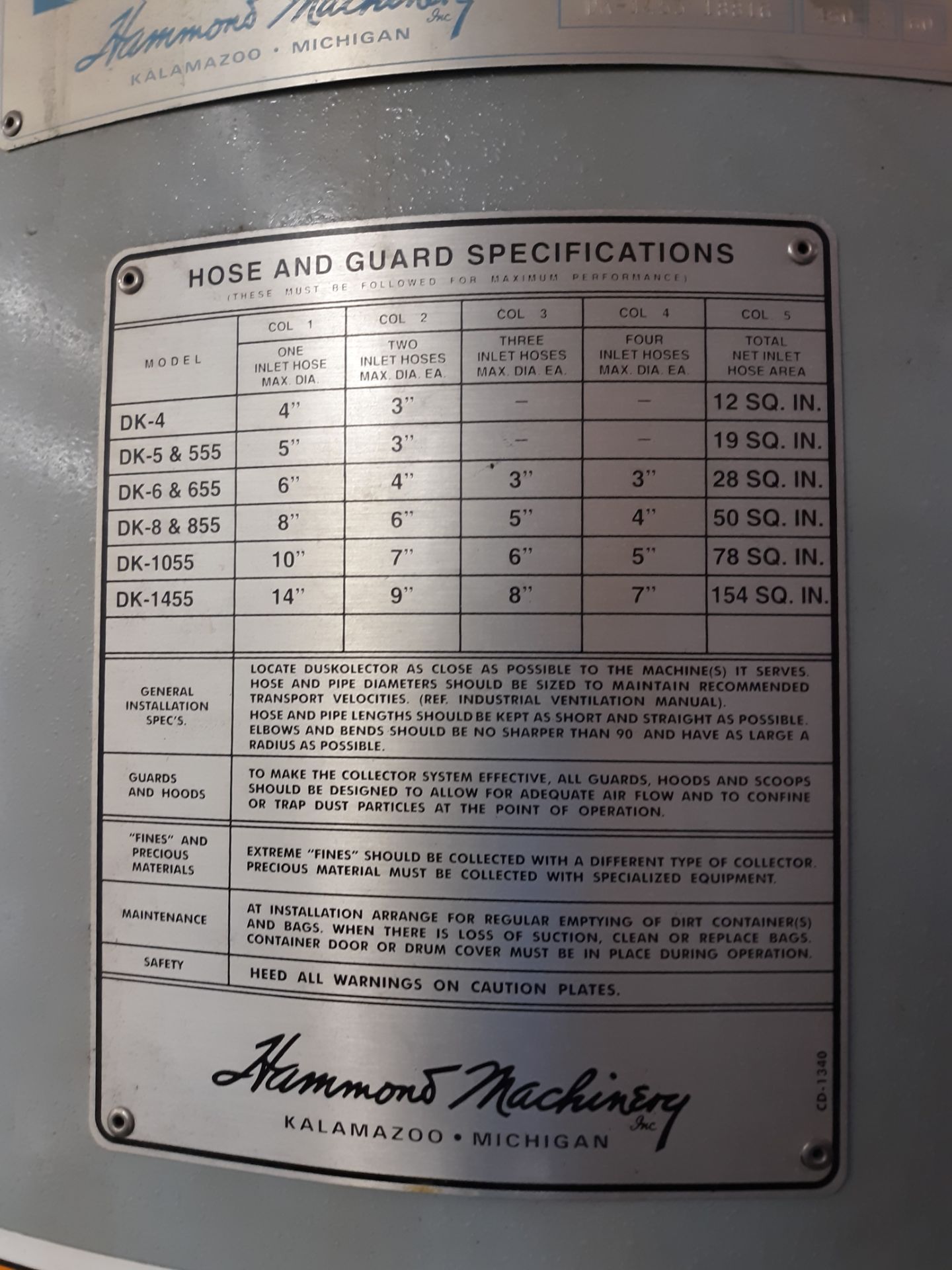 HAMMOND ROTO-FINISH CYCLONE DUSKELECTOR MODEL-DK1455 S#18816 W/ ELEKTRIM ELECTRIC MOTOR TYPE-ESH S# - Image 4 of 5