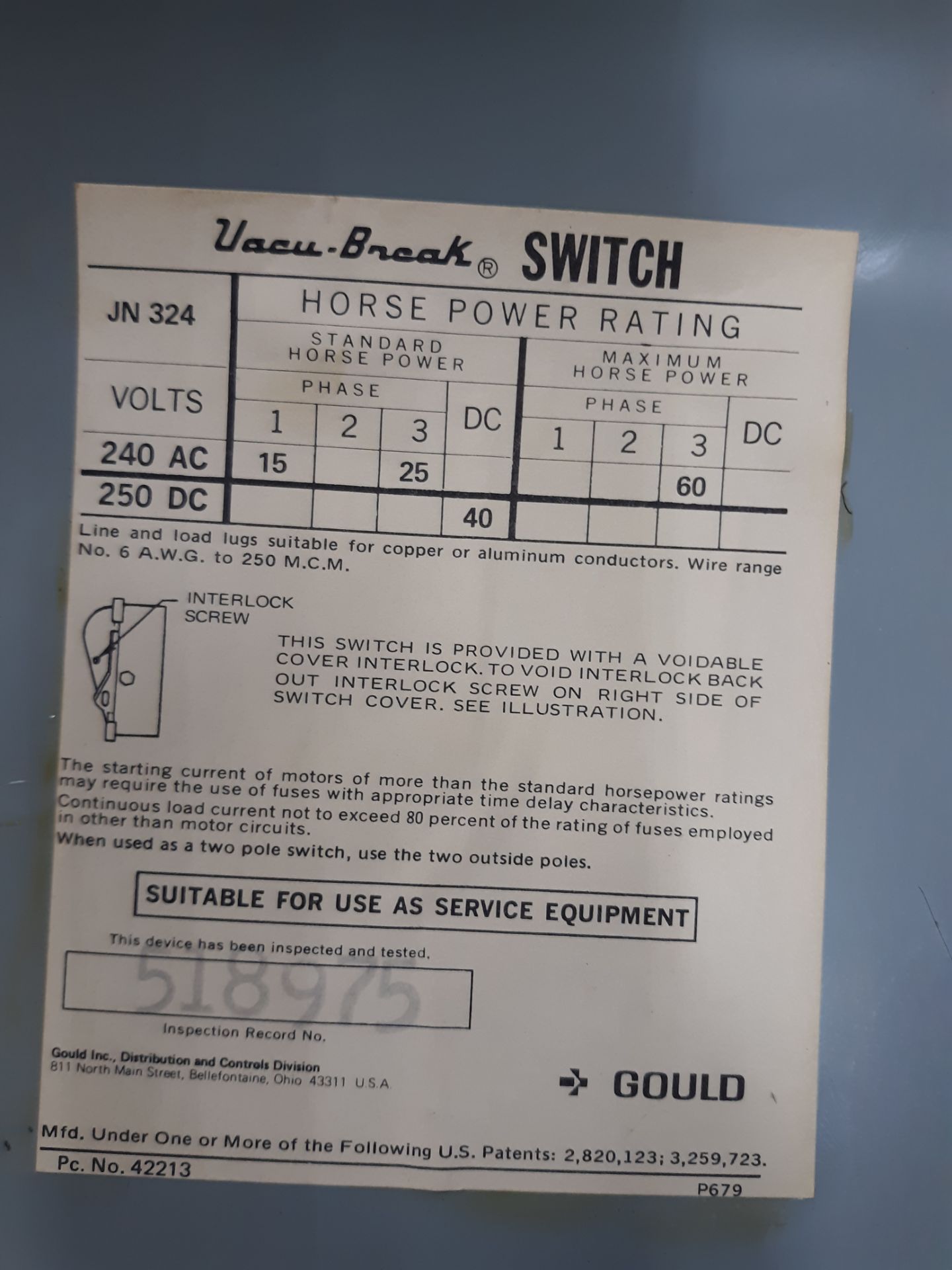 GOULD I-T-E GENERAL DUTY SAFETY SWITCH CAT#JN324 240/1PH ; RIGGING FEE: $10 - Image 3 of 3