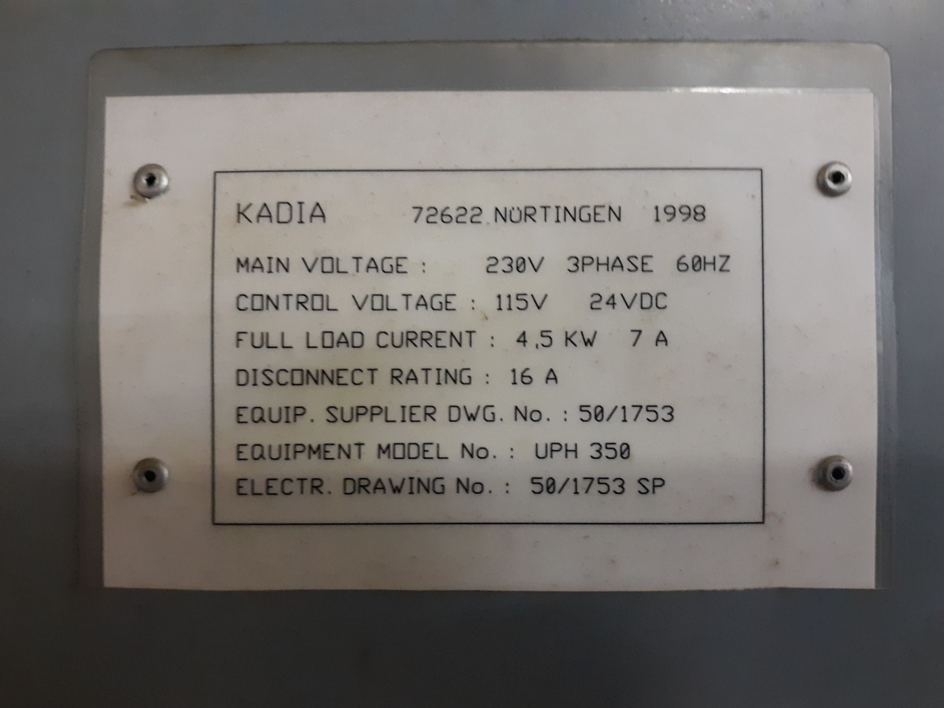 KADIA VERTICAL HONING MACHINE MODEL-UPH350 S#50/1753;RIGGING FEE:$10 - Image 3 of 4