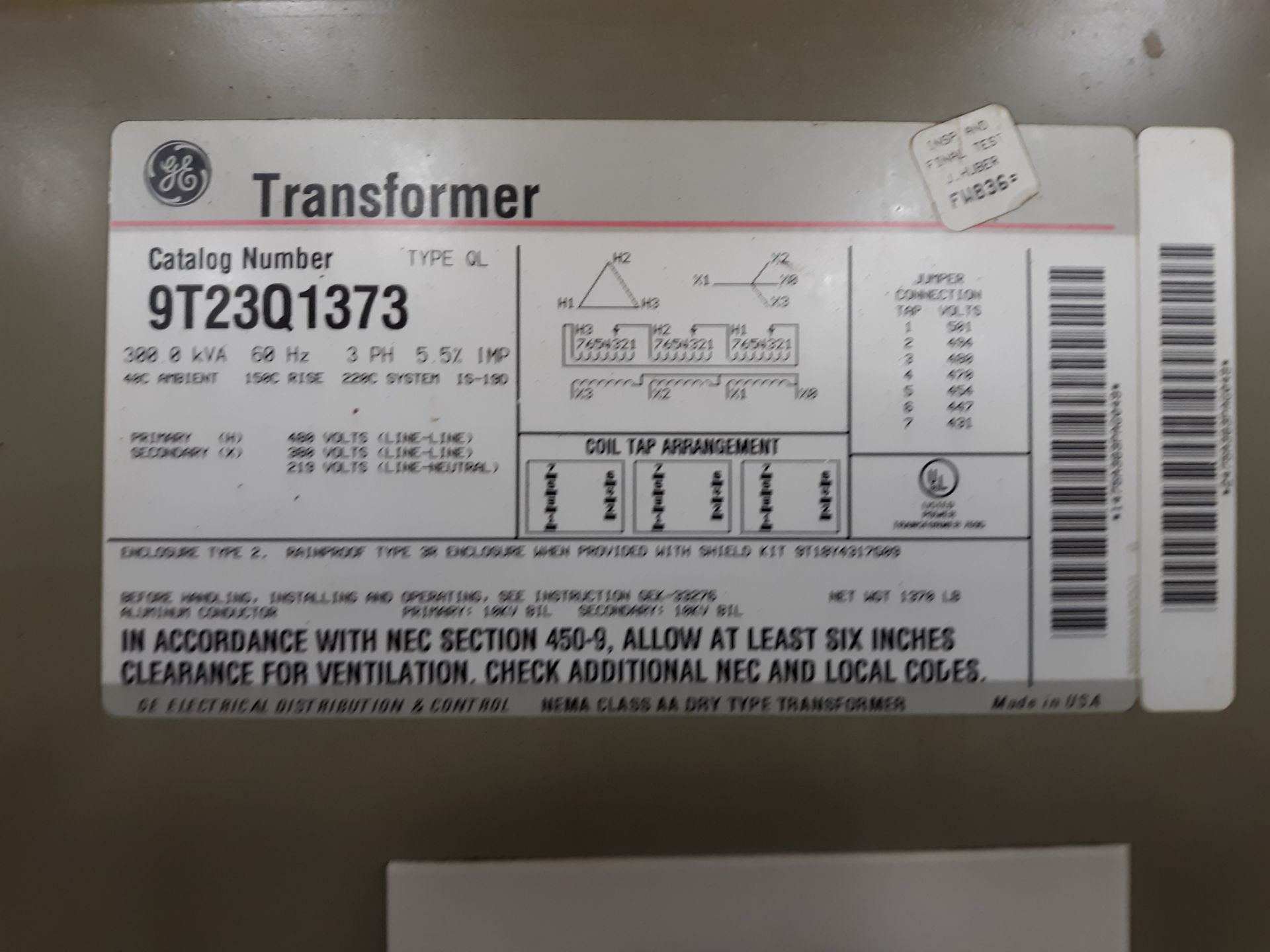 GE TYPE QL TRANSFORMER CAT. 9T23Q1373 300KVA/3PH/60HZ: RIGGING FEE:$10 - Image 2 of 2