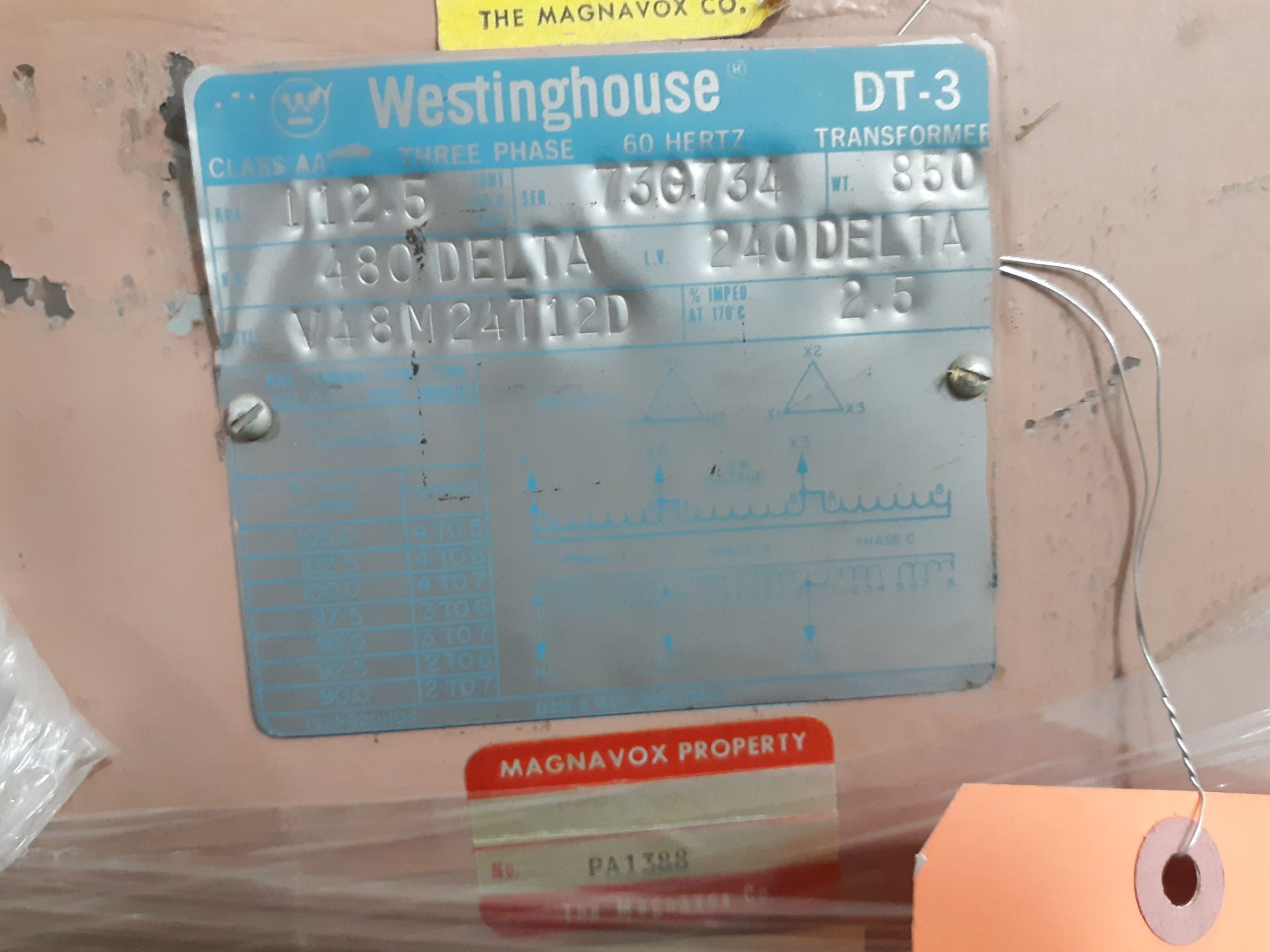 WESTINGHOUSE TRANSFORMER MODEL-DT-3 112.5 KVA/3PH/60HZ CLASS AA: RIGGING FEE: $10 - Image 2 of 2