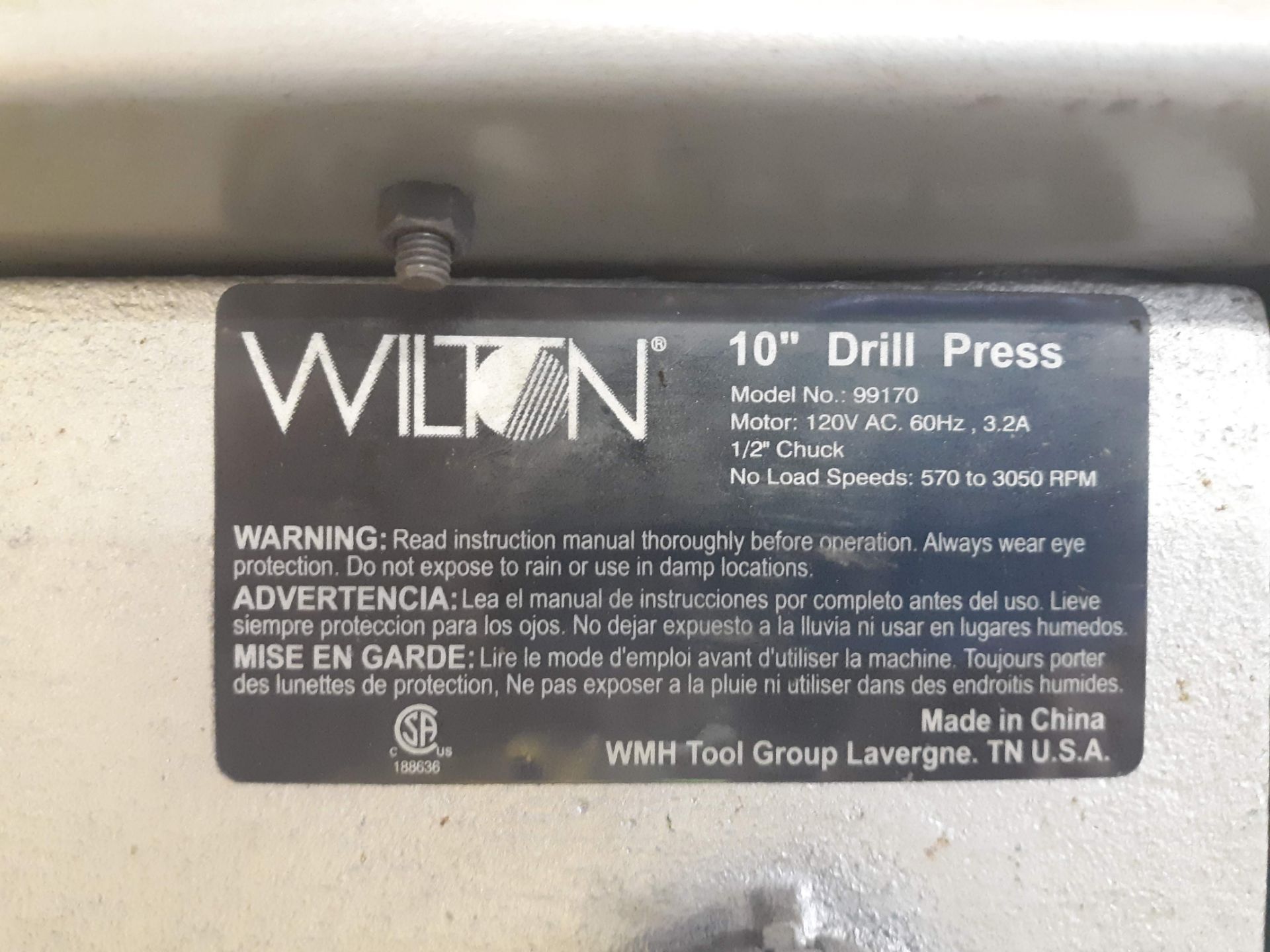 WILSON 10" DRILL PRESS ½" CHUCK MODEL-99170 - Image 3 of 3