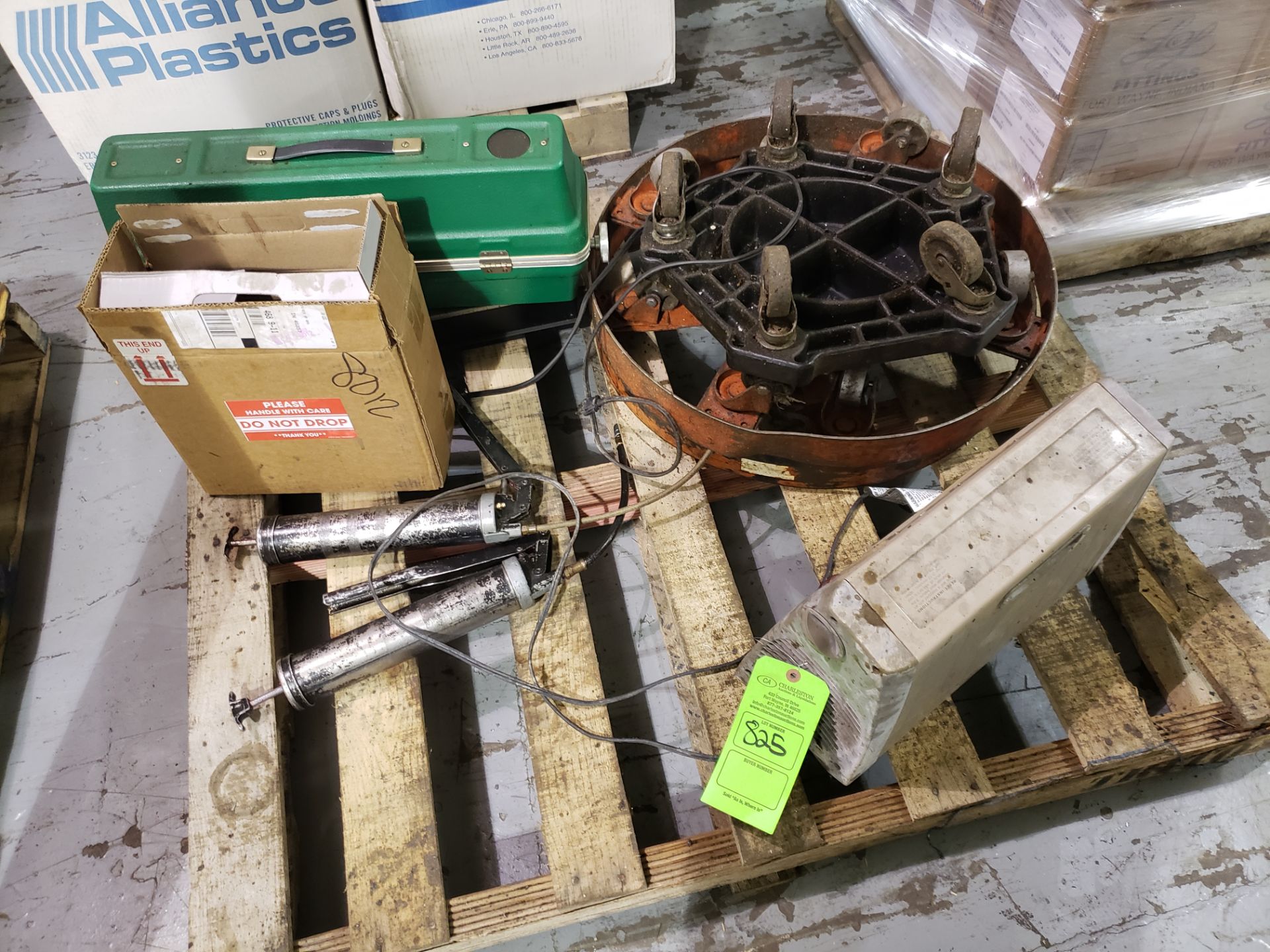 PALLET OF MISC. ITEMS INCLUDING: GREASE GUNS & GREASE TUBES; EMERGENCY OXYGEN TANK; BARREL DRUM