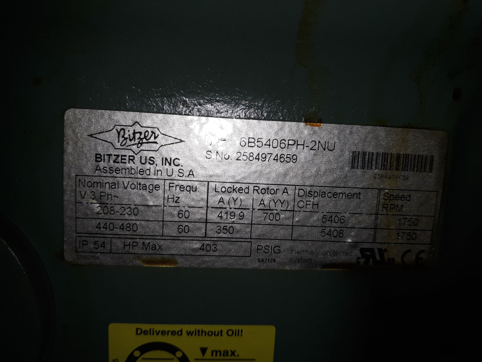 BITZER HIGH PRESSURE OIL COMPRESSOR PUMP TYPE-6B5406PH-2NU S#2584974659 (LOCATED AT: 131 W. - Image 3 of 3