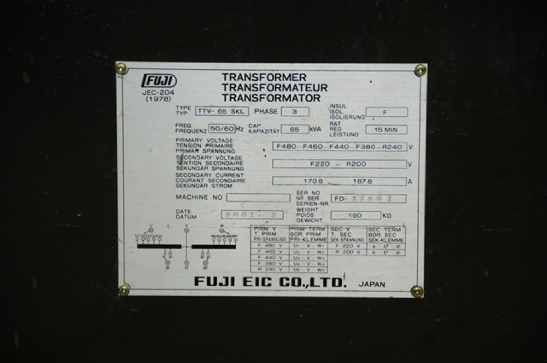 Fuji - 65 KVA Transformer17901 Name plate Location 1708 Nichol Ave Anderson Indiana Packaging - Image 2 of 2