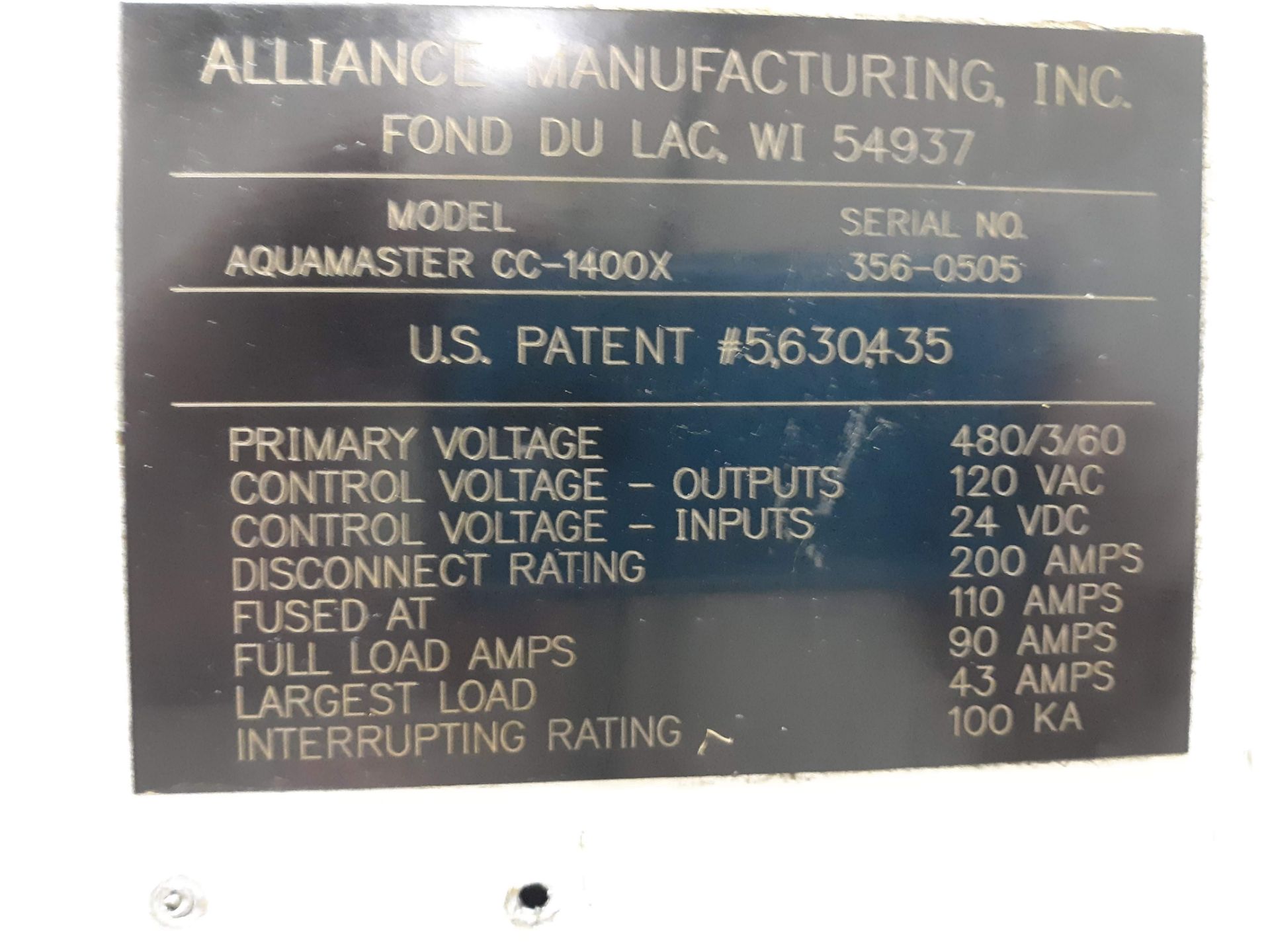 ALLIANCE PARTS WASHER & CONTROL CABINET MODEL-AQUAMASETER 1400X S#365-0505(LOCATED AT: 131 W. - Image 4 of 4