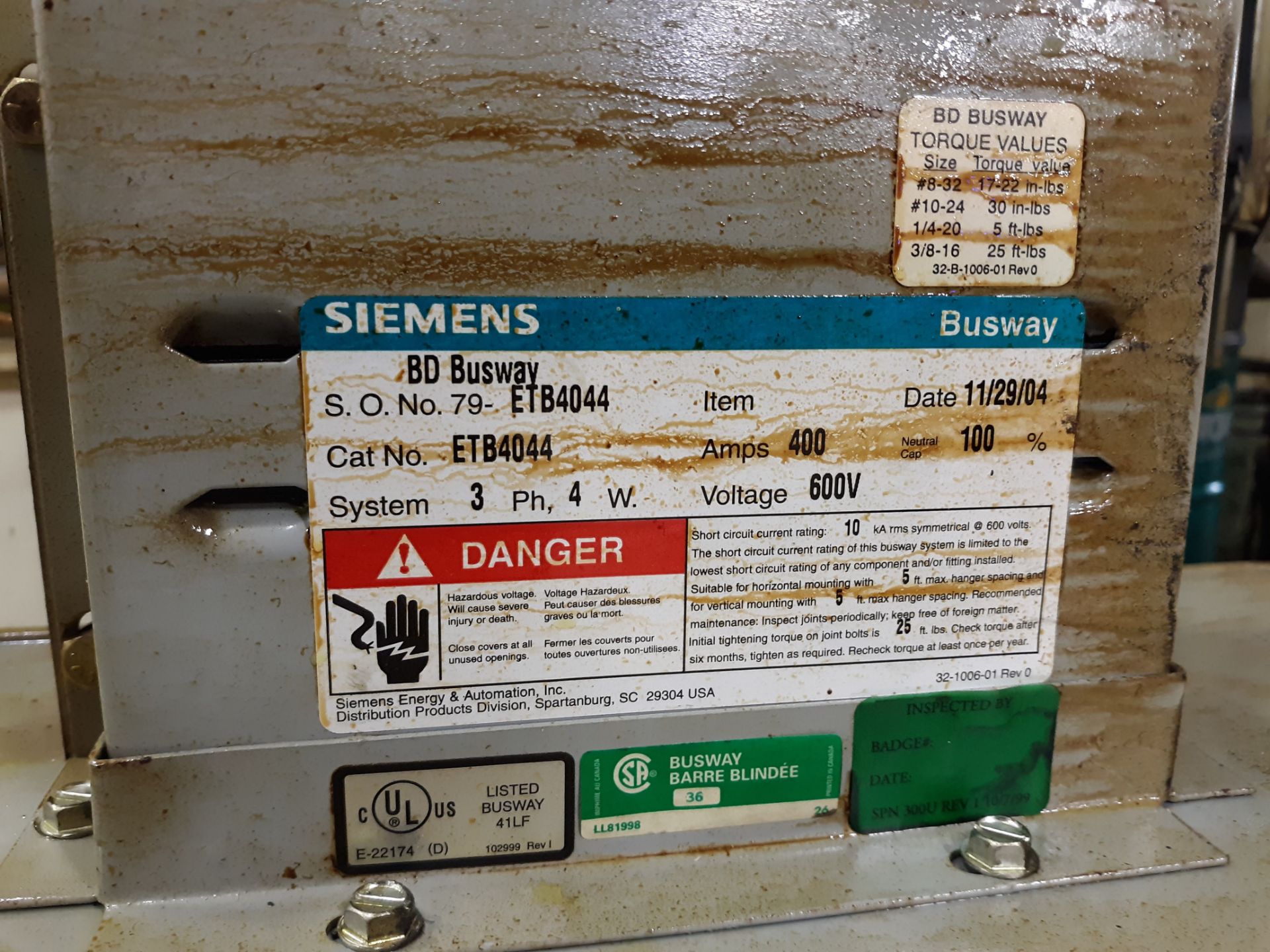 SIEMENS BD BUSWAY S.O. NO. 79-ETB4044 CAT-ETB4044 400 AMP 3PH/4W/600V(LOCATED AT: 131 W. HARVEST - Image 2 of 2