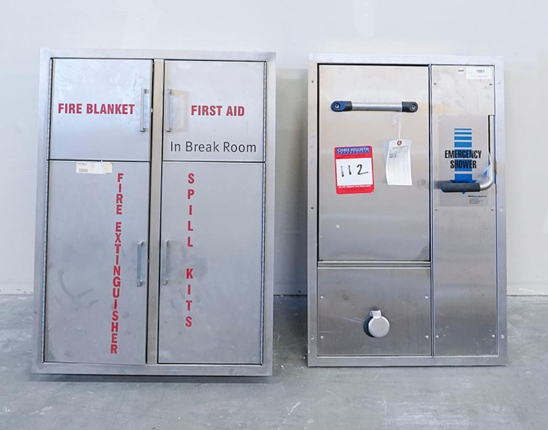 5- First Aid and Fire Extingusher Cabinets and 5- Emergency Shower Cabinets Multiple Items