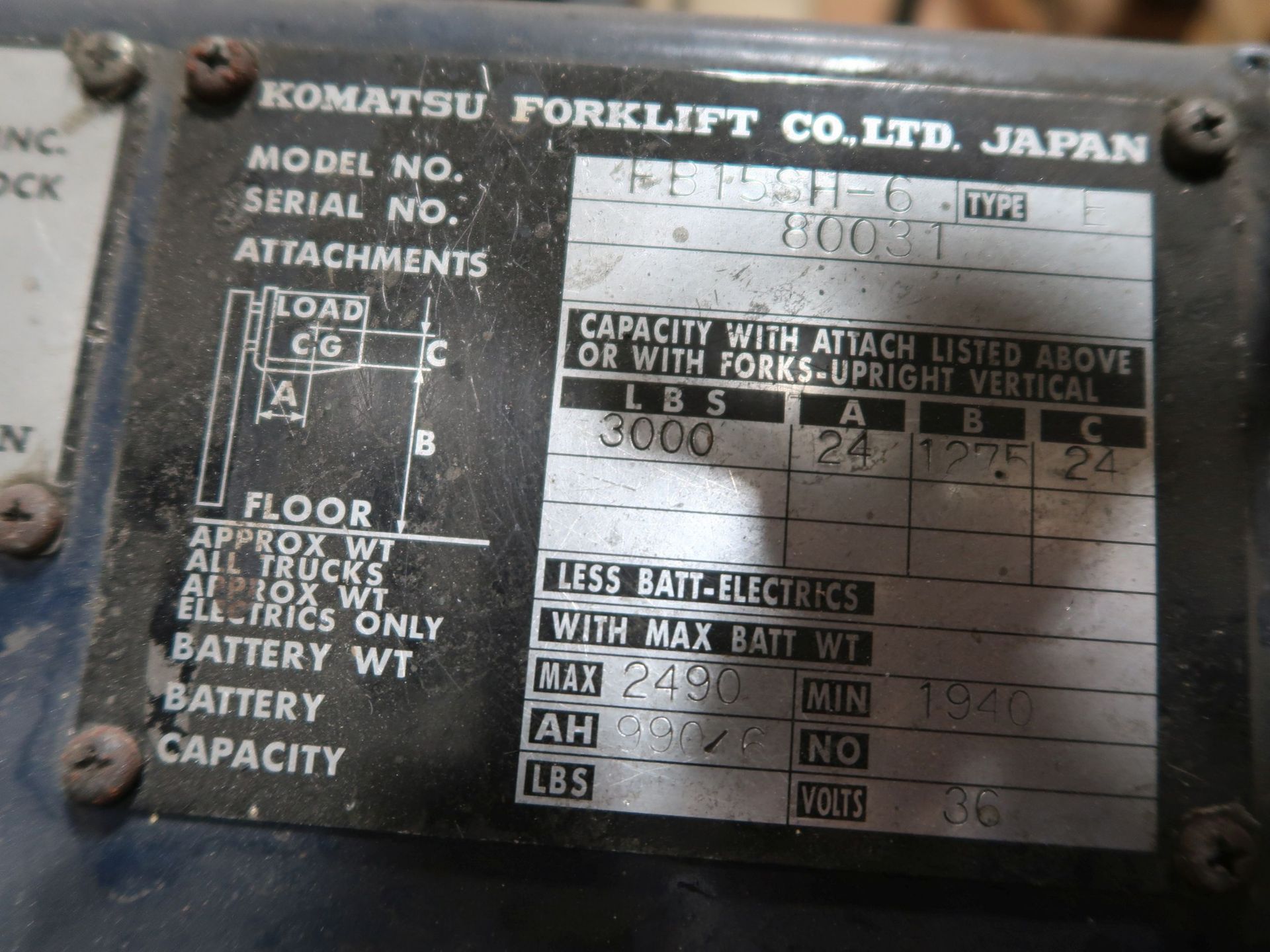 3,000 LB. KOMATSU MODEL FB15H-6 SIT DOWN ELECTRIC LIFT TRUCK; S/N 80031, THREE STAGE MAST, 82" - Bild 4 aus 4