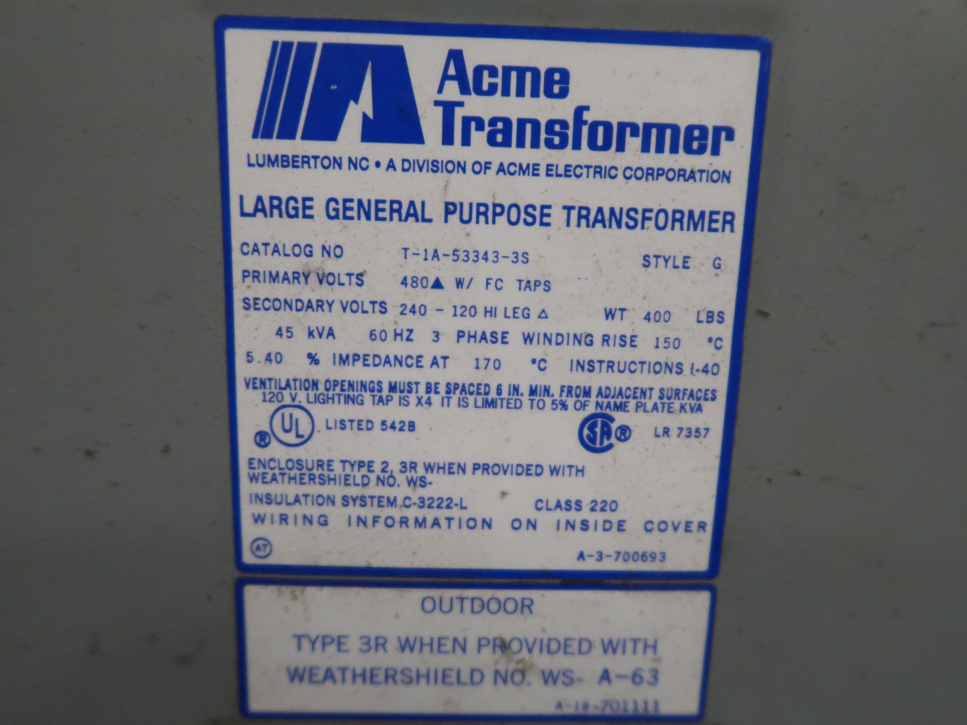 45 KVA ACME GENERAL PURPOSE TRANSFORMER - Image 2 of 2