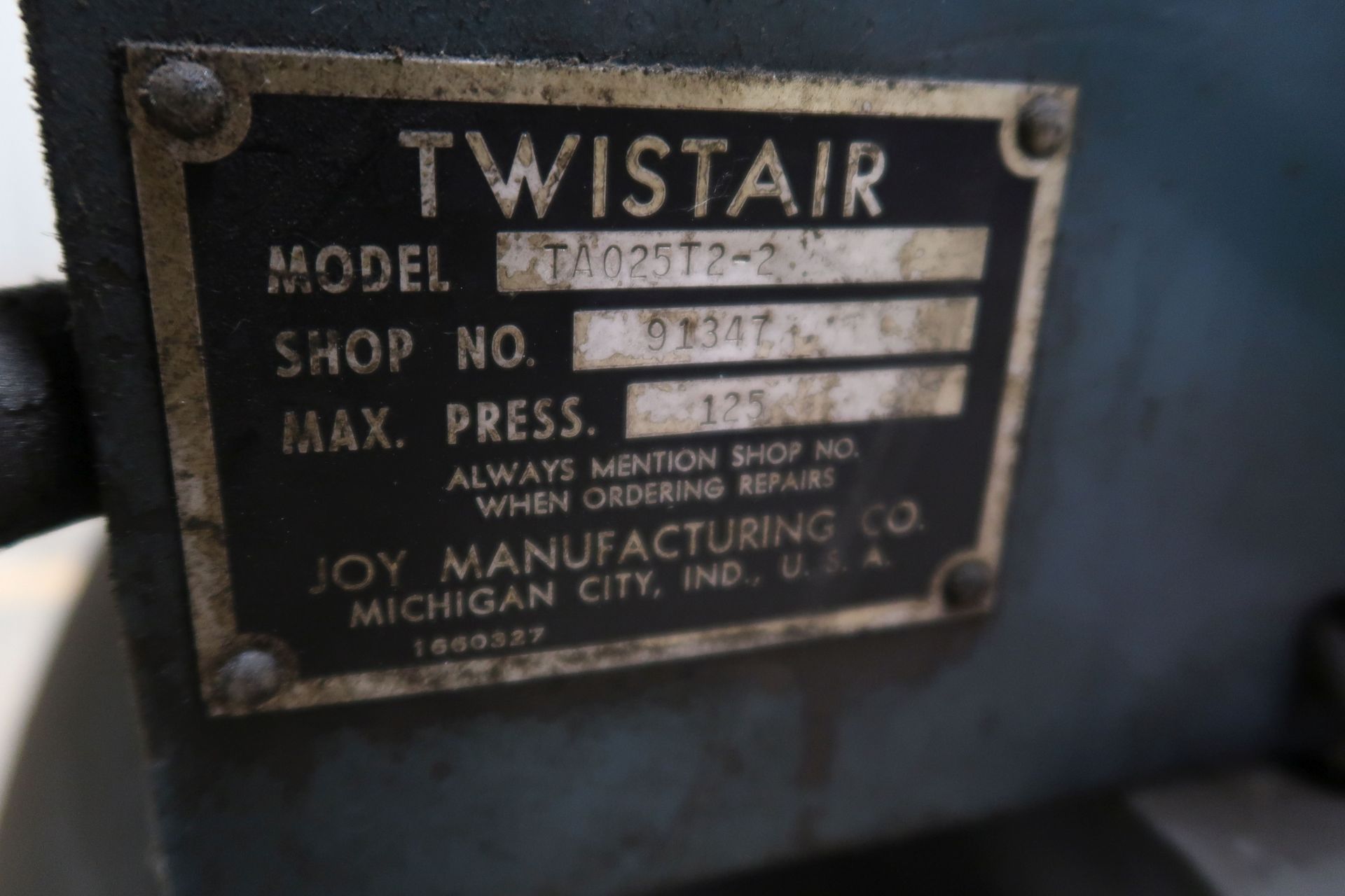 25 HP TWISTAIR / JOY MODEL TA025T2-2 HORIZONTAL TANK AIR COMPRESSOR; S/N 91347 **CURRENTLY - Image 3 of 3