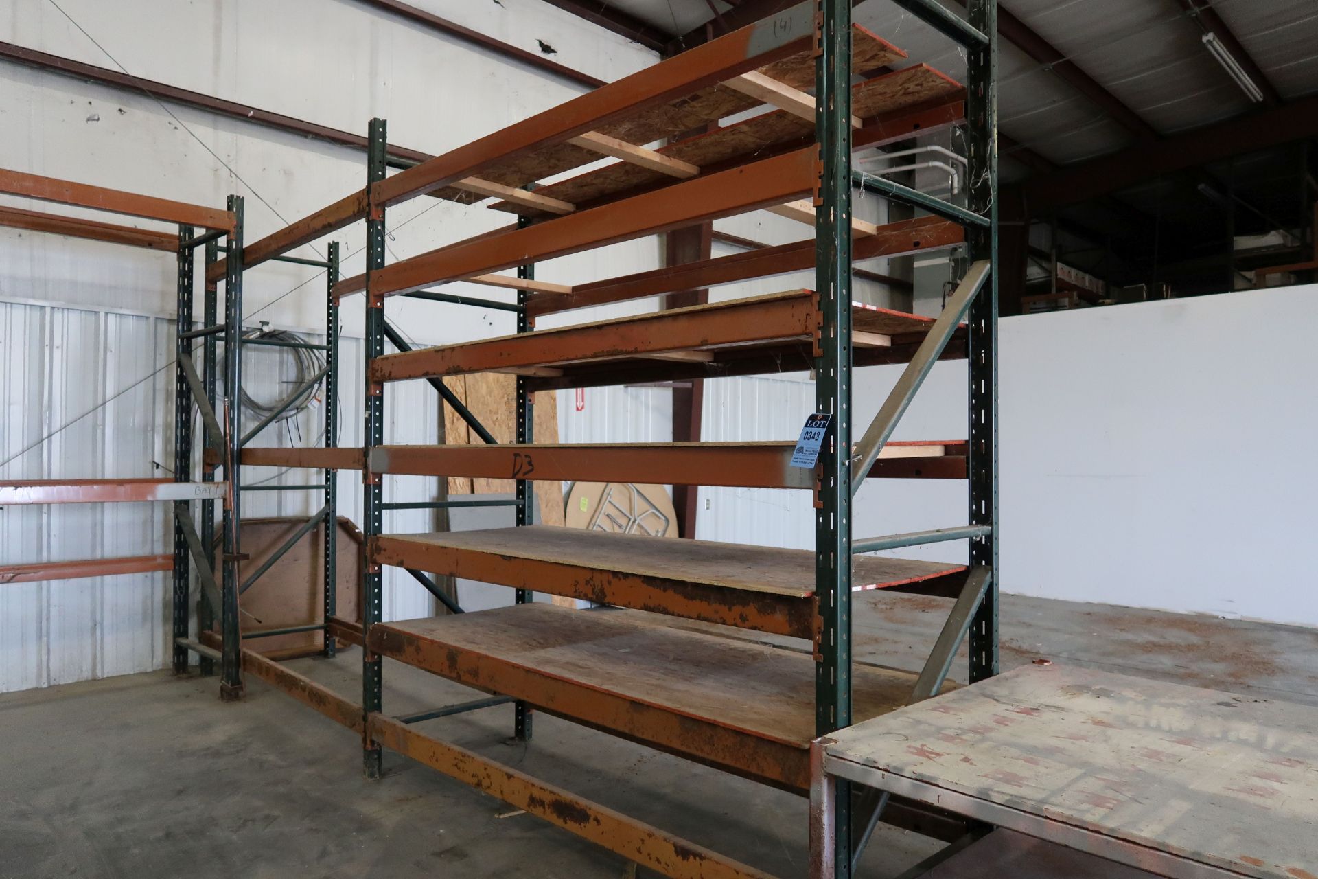 SECTIONS 36" X 96" X 120" HIGH RIDG-U-RAK ADJUSTABLE BEAM PALLET RACK WITH WOOD DECKING