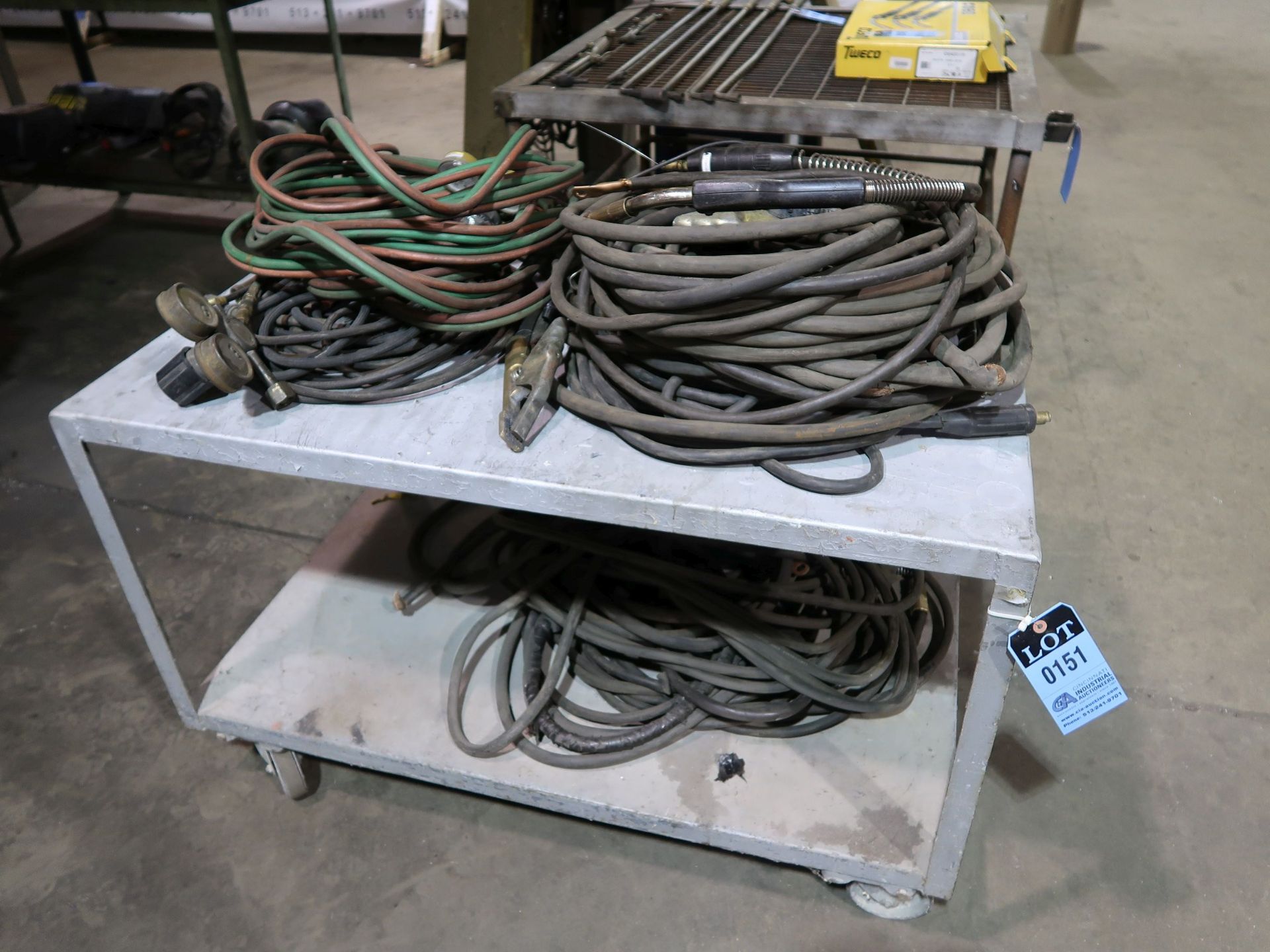 (LOT) WELDING LEADS WITH OXY-ACETYLENE HOSE AND CART