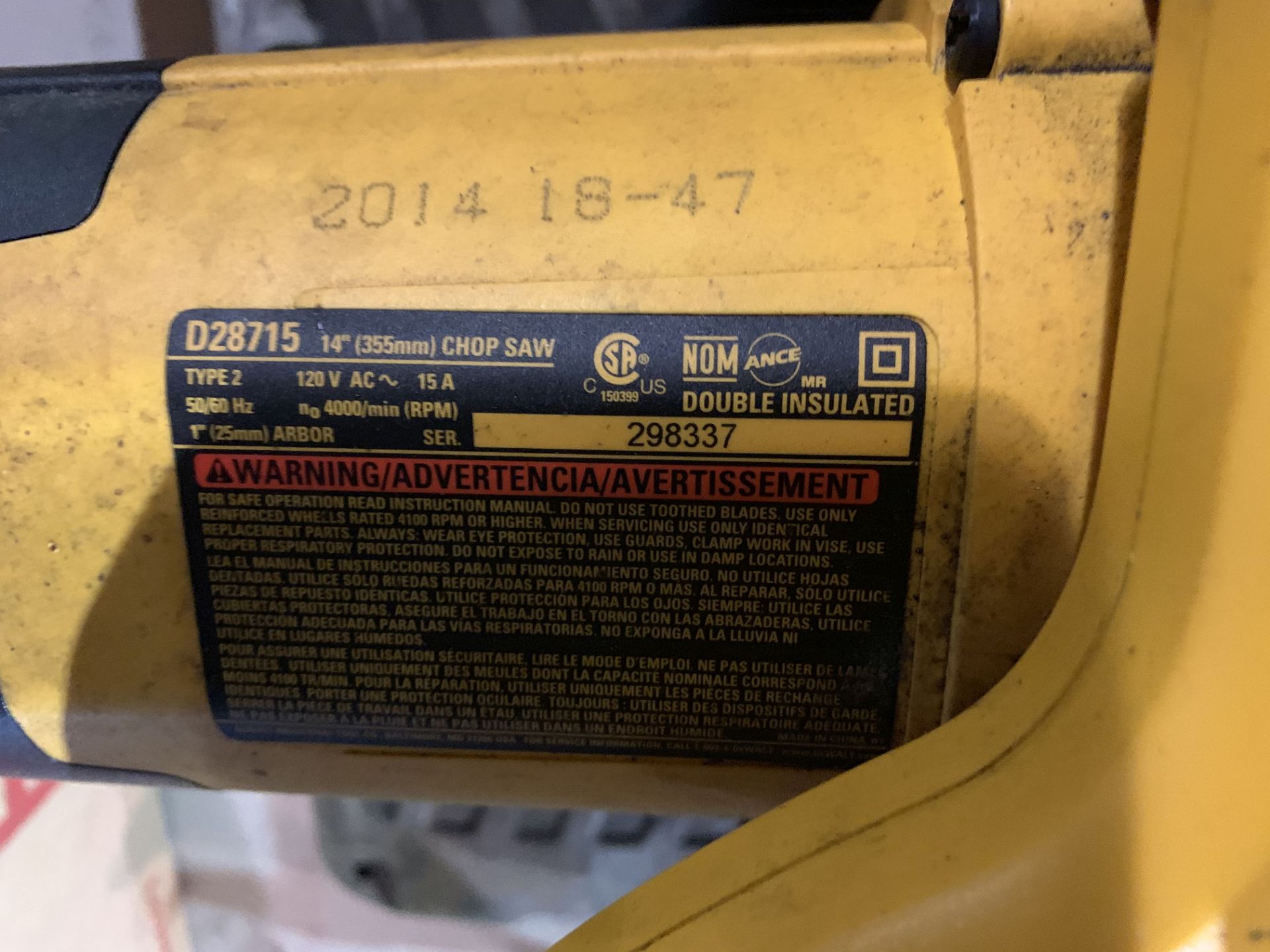 14" DEWALT BENCH TYPE CHOP SAW **LOCATED AT 111 W. WESTCOTT WAY** - Image 3 of 3