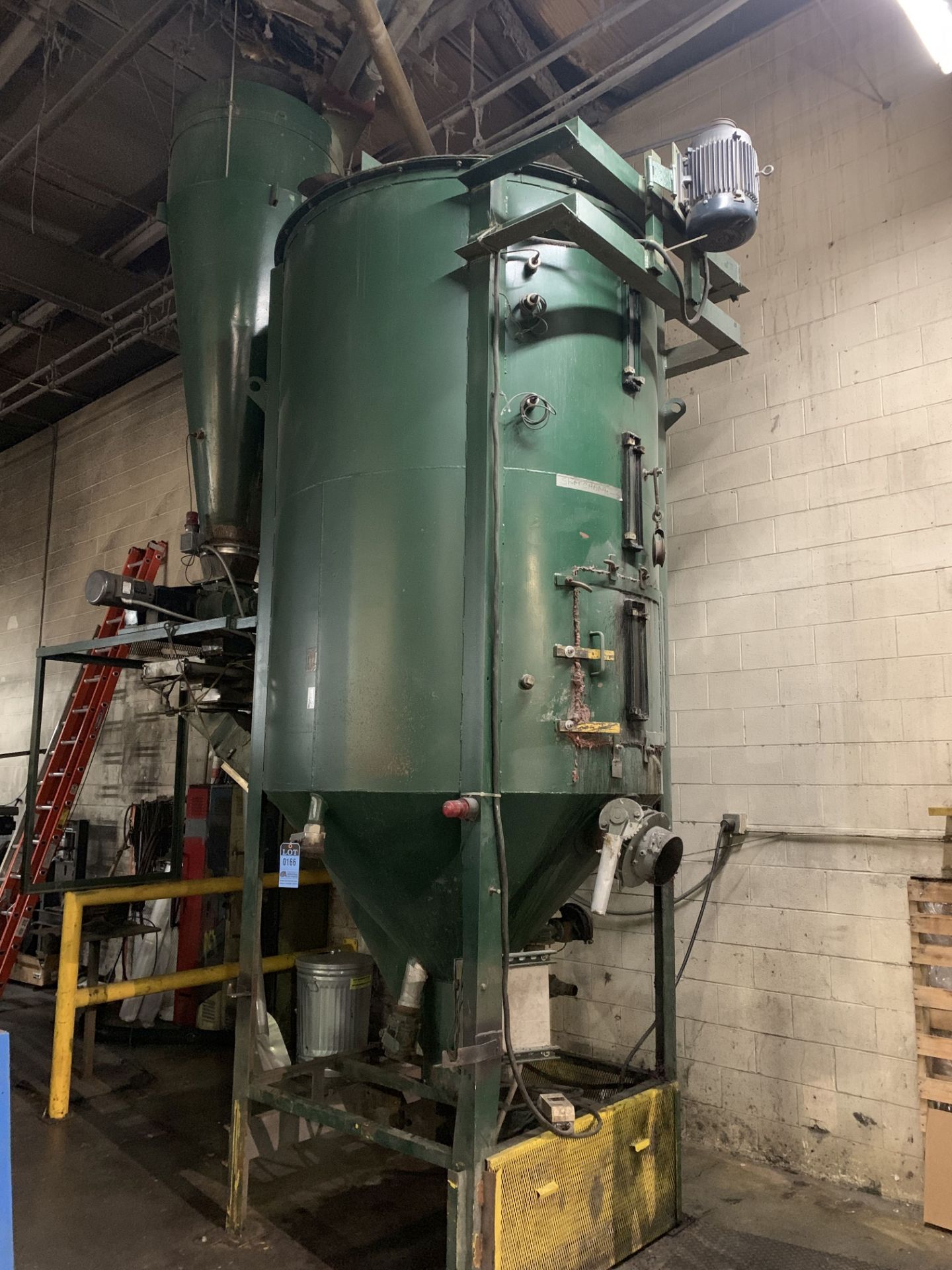 66" DIAMETER X 8' HIGH X 30" CONE BOTTOM BLENDER, 10 HP BLENDER MOTOR, WITH ATTACHED ELEVATED HOPPER