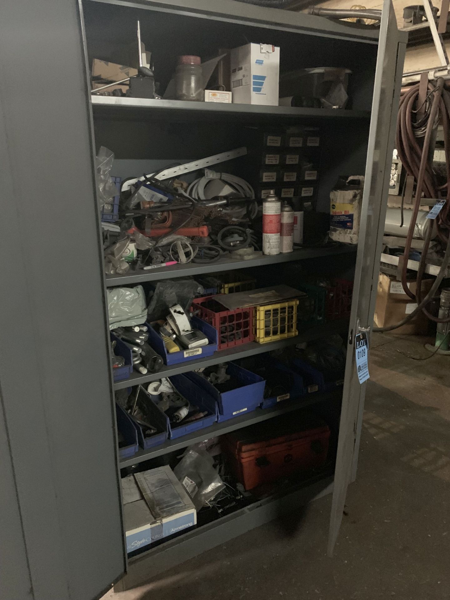 (LOT) REFRIGERATOR WITH WELDING SUPPLIES, 2-DOOR CABINET WITH MAINTENANCE ITEMS, AND RED CABINET
