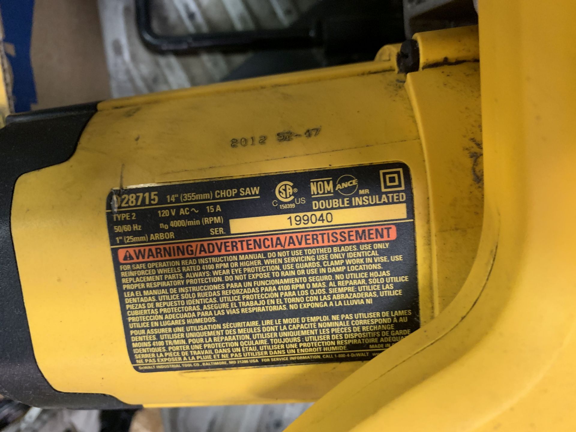 14" DEWALT MODEL D28715 CHOP SAW **LOCATED AT 1711 KIMBERLY PARK DRIVE** - Image 2 of 2