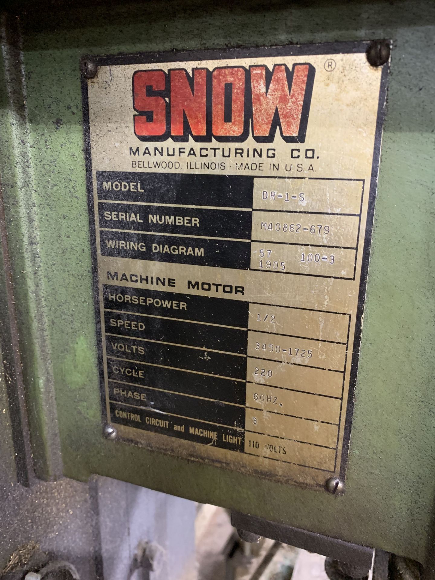 16" SNOW MODEL DR-1-S SINGLE SPINDLE FLOOR DRILL **OUT OF SERVICE** - Image 2 of 2