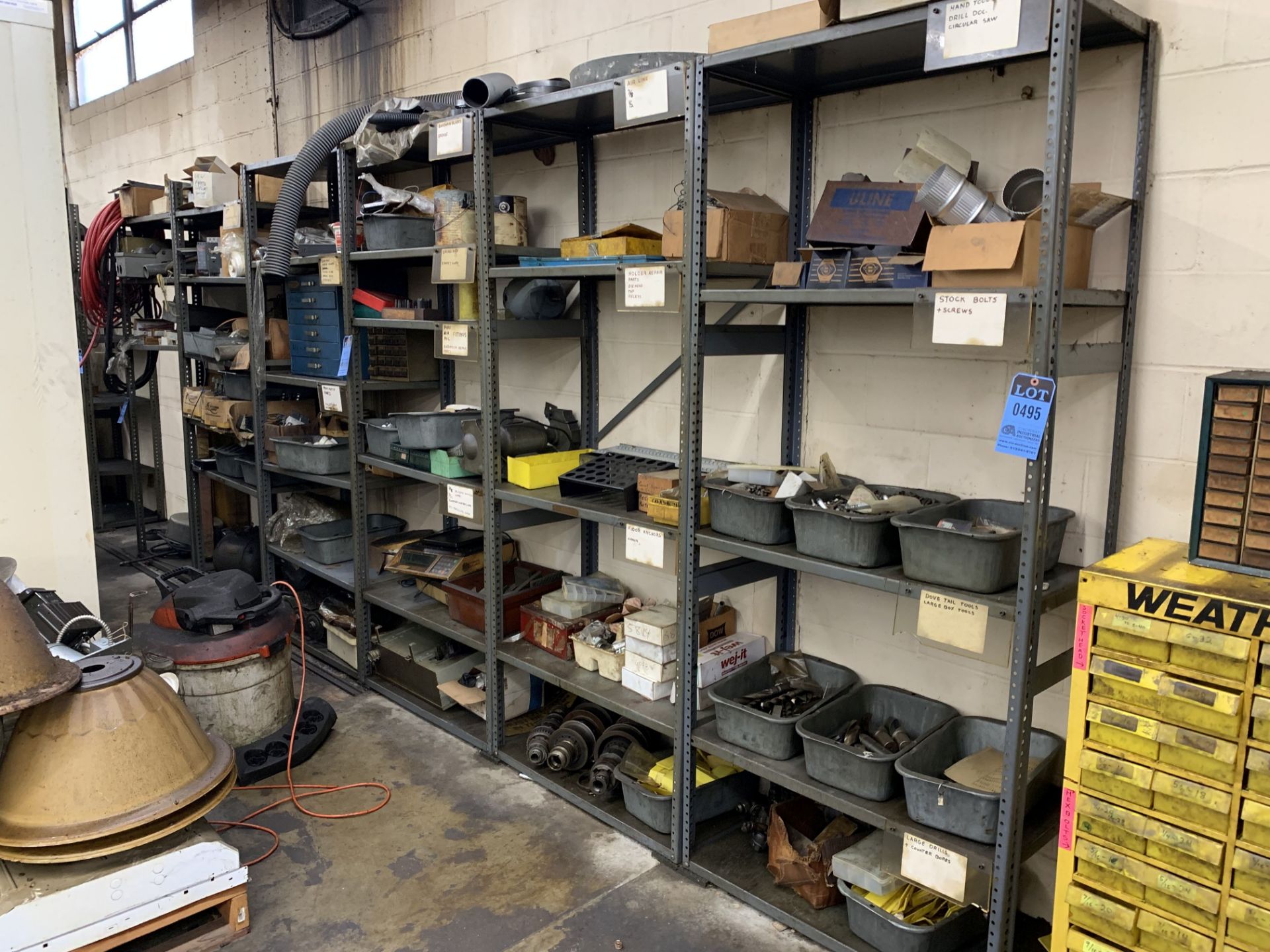 SECTIONS 18" X 36" X 84" HIGH CLIP TOGETHER METAL SHELVING AND CONTENTS CONSISTING OF TOOLING,