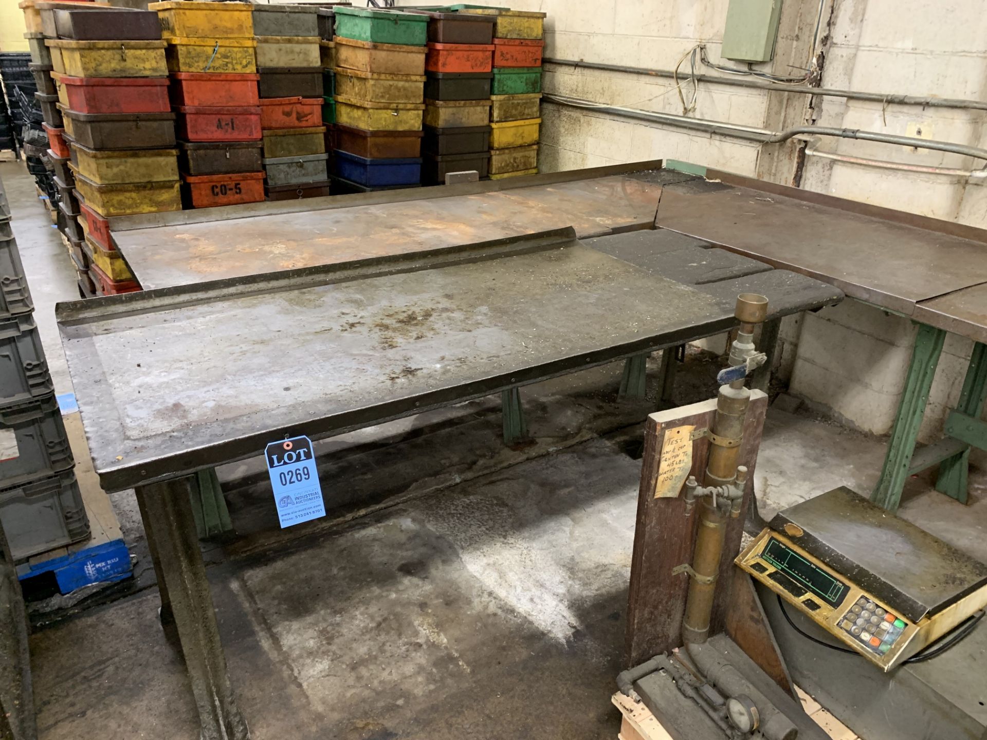 29" WIDE X 15' LONG X 8' L-SHAPED STEEL FRAME WORK BENCH WITH SHEET METAL TOP COVER AND (1) EXTRA