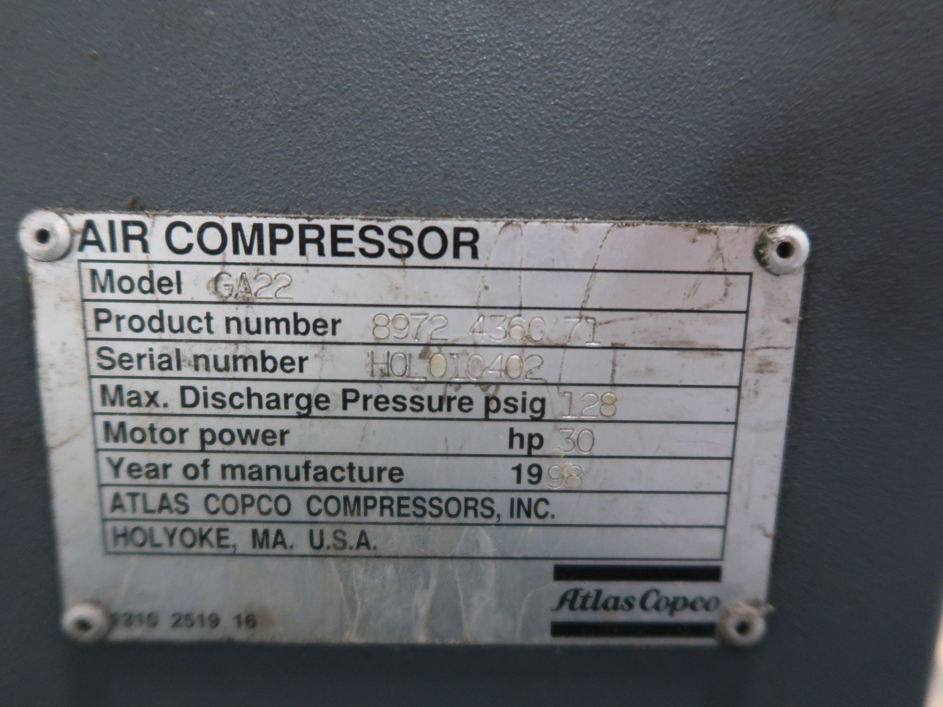 30 HP ATLAS COPCO GA22 AIR COMPRESSOR; S/N HOL01402, WITH ICP MODEL iRDP-200-1 AIR DRYER; S/N - Image 3 of 6