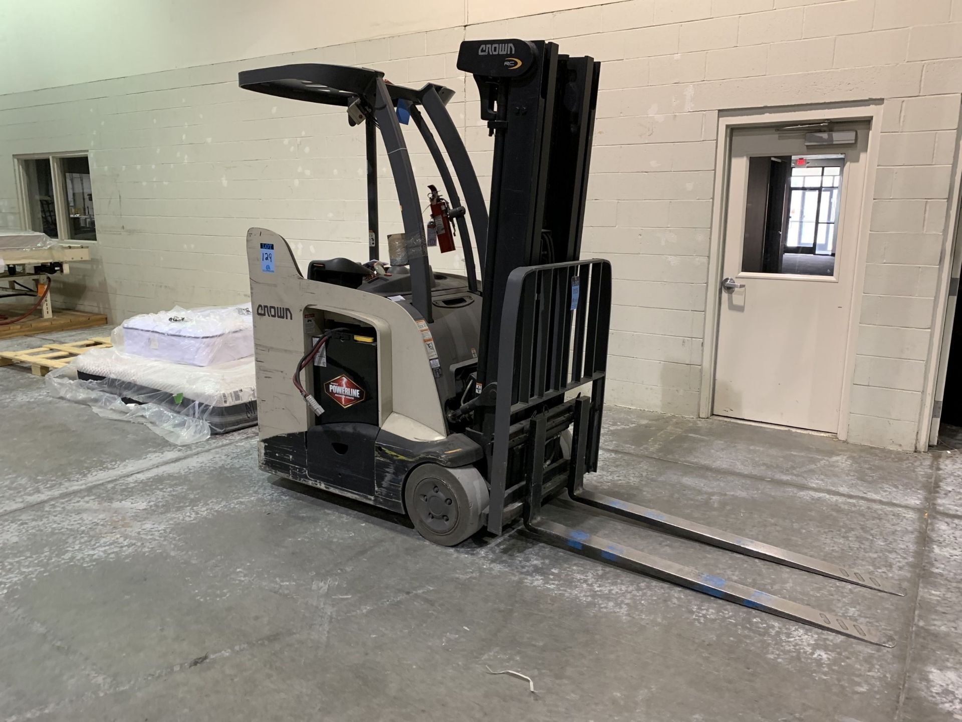 3,000 LB. CROWN MODEL RC5530-30 ELECTRIC STAND UP TYPE LIFT TRUCK; S/N 1A397449, 36 VOLT, 2-STAGE