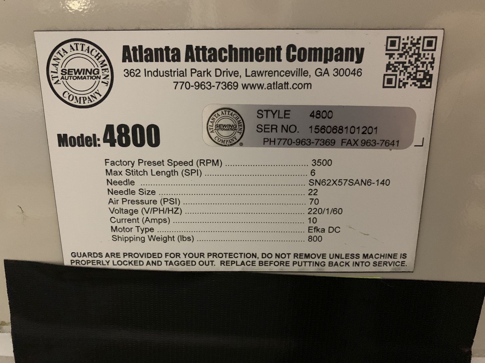 ATLANTA ATTACHMENT MODEL 4800 SEWING MACHINE; S/N 156068120201 - Image 8 of 9