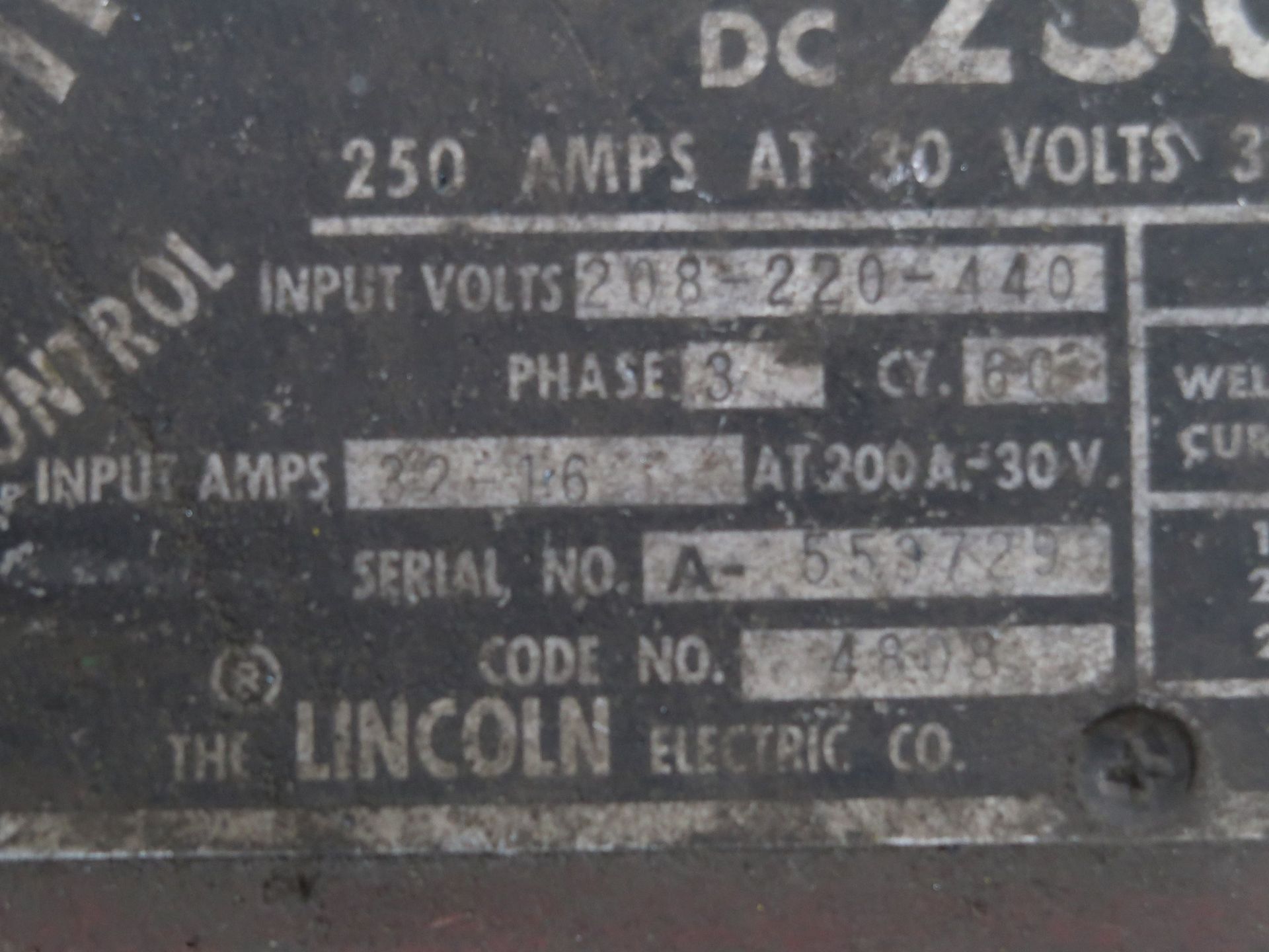 250 AMP LINCOLN LINCOLNWELDER 250 WELDER; S/N 5537290 - Image 3 of 3