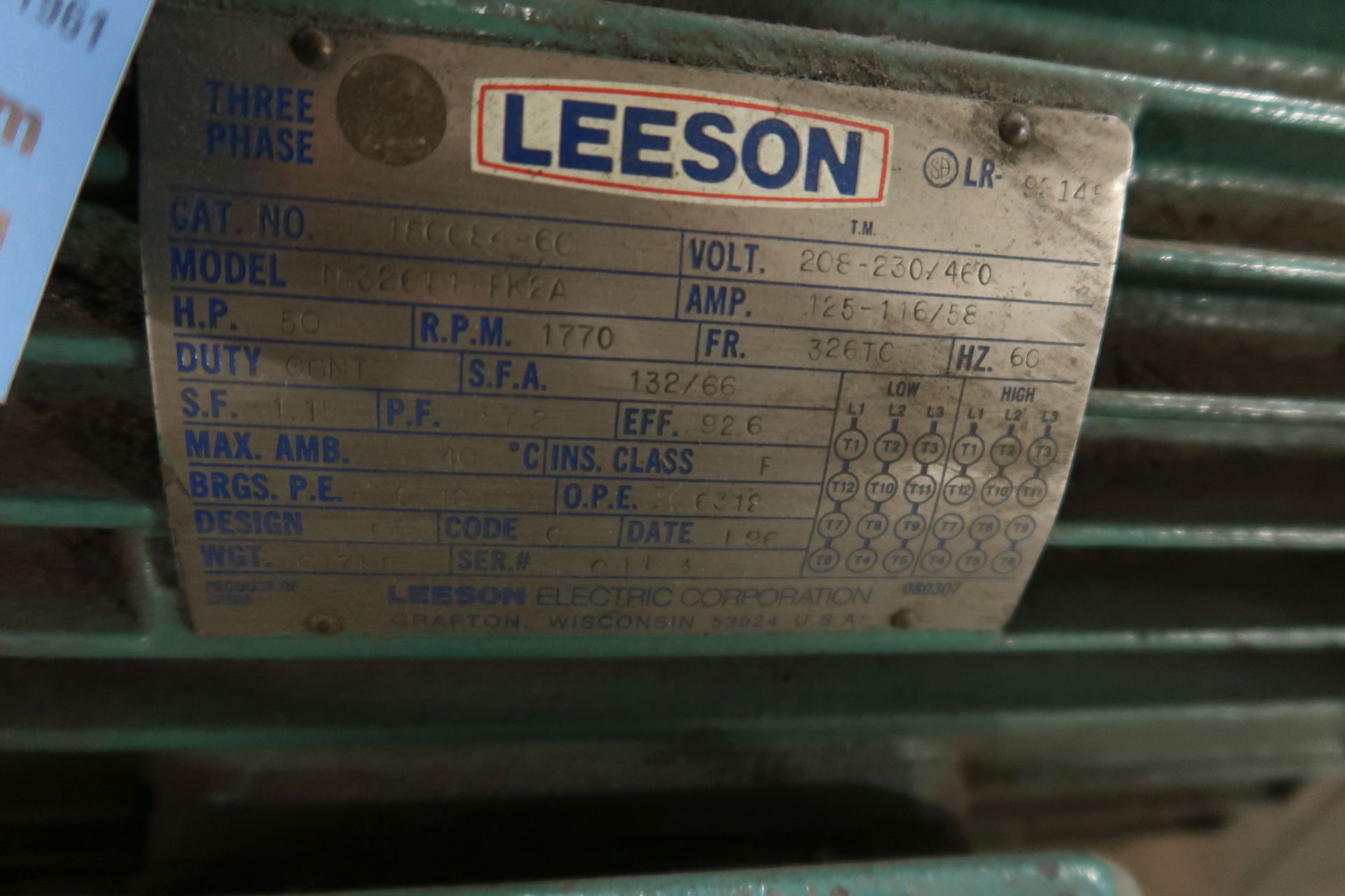 50-HP LEESON MODEL N326T17FK2A ELECTRIC MOTOR; 1,770 RPM, 208/230/460 VOLT, REPORTED TO BE SPARE - Image 2 of 2