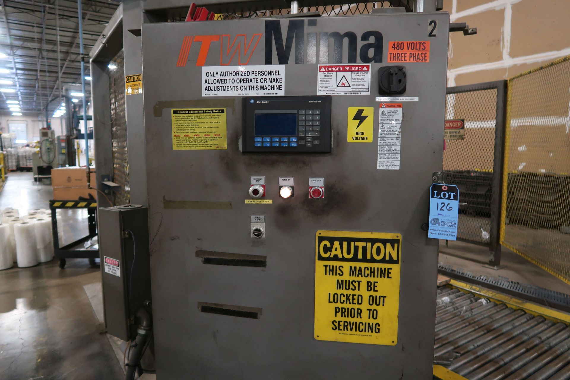 ITW MIMA MODEL KC500 SWING ARM TYPE PALLET STRETCH WRAP MACHINE; S/N 20026, 164" BETWEEN COLUMNS, - Image 10 of 13