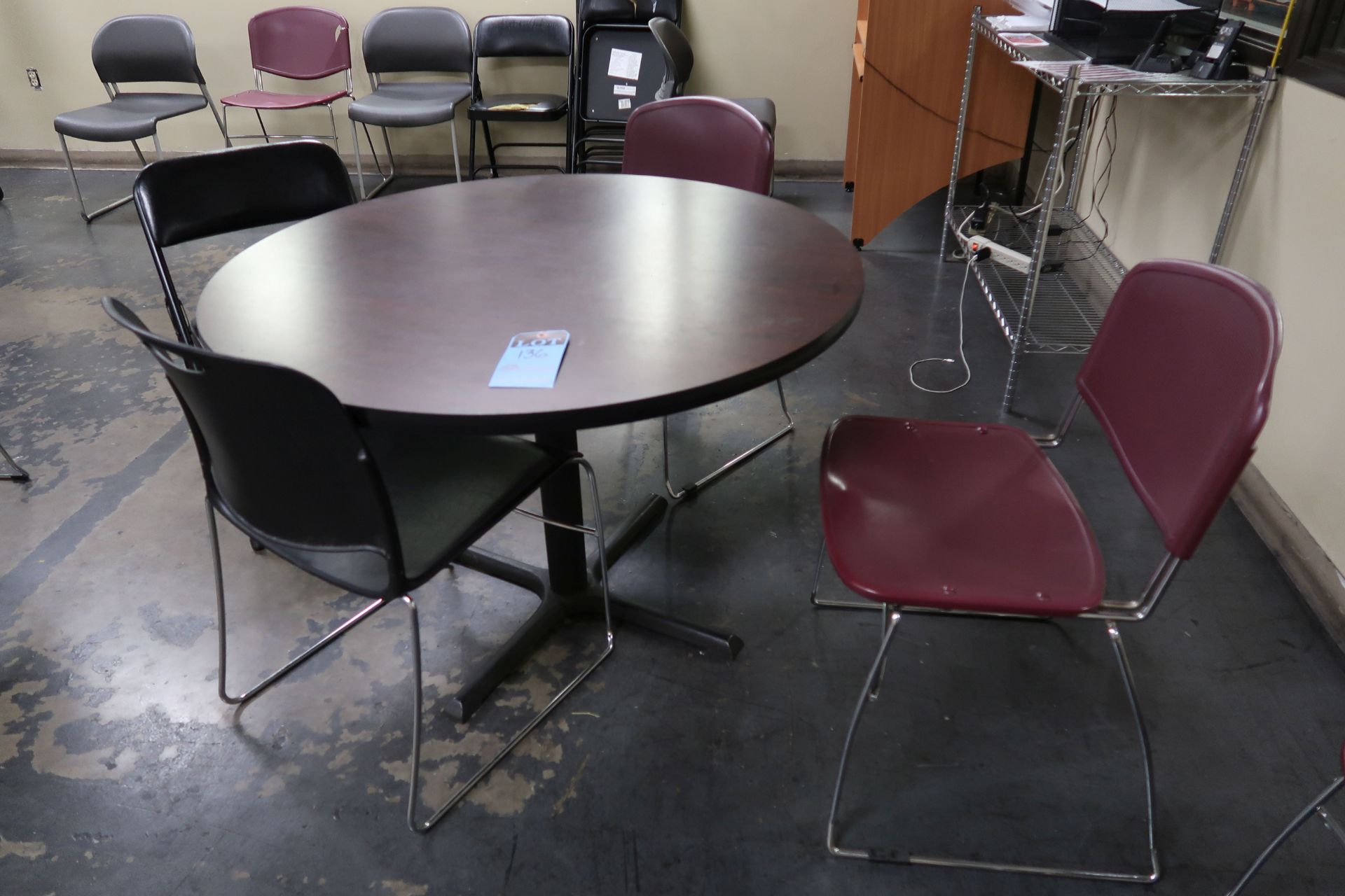 (LOT) (7) 36" DIA. BREAKROOM TABLES W/ (40) STACK CHAIRS