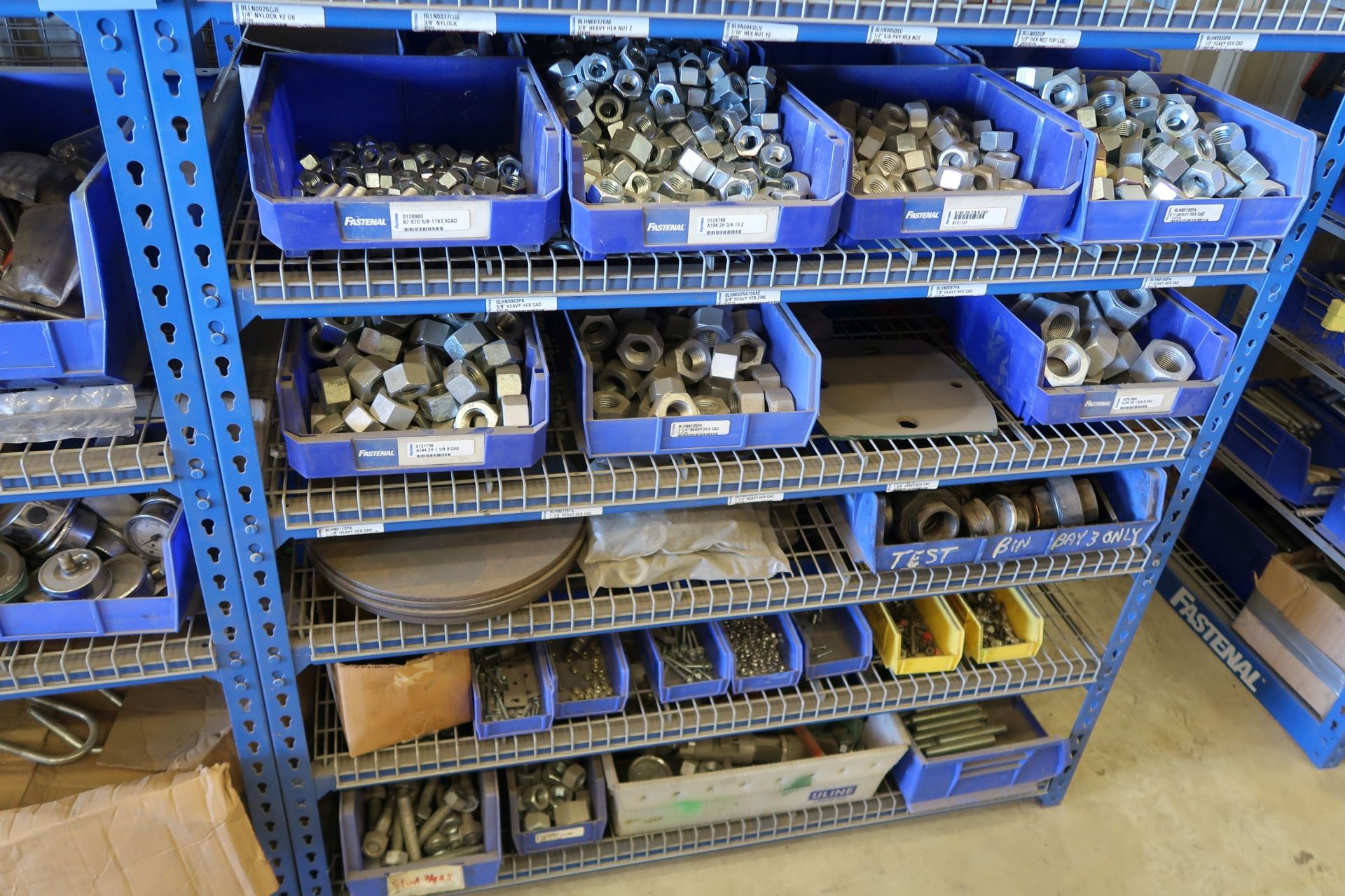 (LOT) LARGE ASSORTMENT BOLTS, NUTS, WASHERS, PRESSURE GAGES, SHUT-OFF VALVES, AND OTHER RELATED - Image 5 of 9