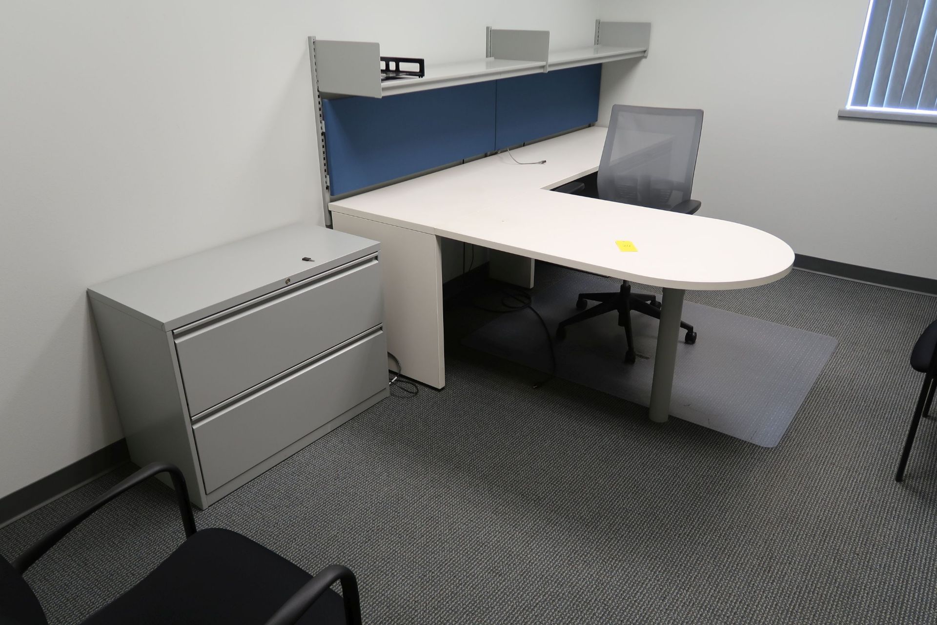 (LOT) CONTENTS OF OFFICE W/ L-SHAPE DESK, (3) CHAIRS, BOOKSHELF, TWO-DRAWER LATERAL FILE CAIBNET (NO
