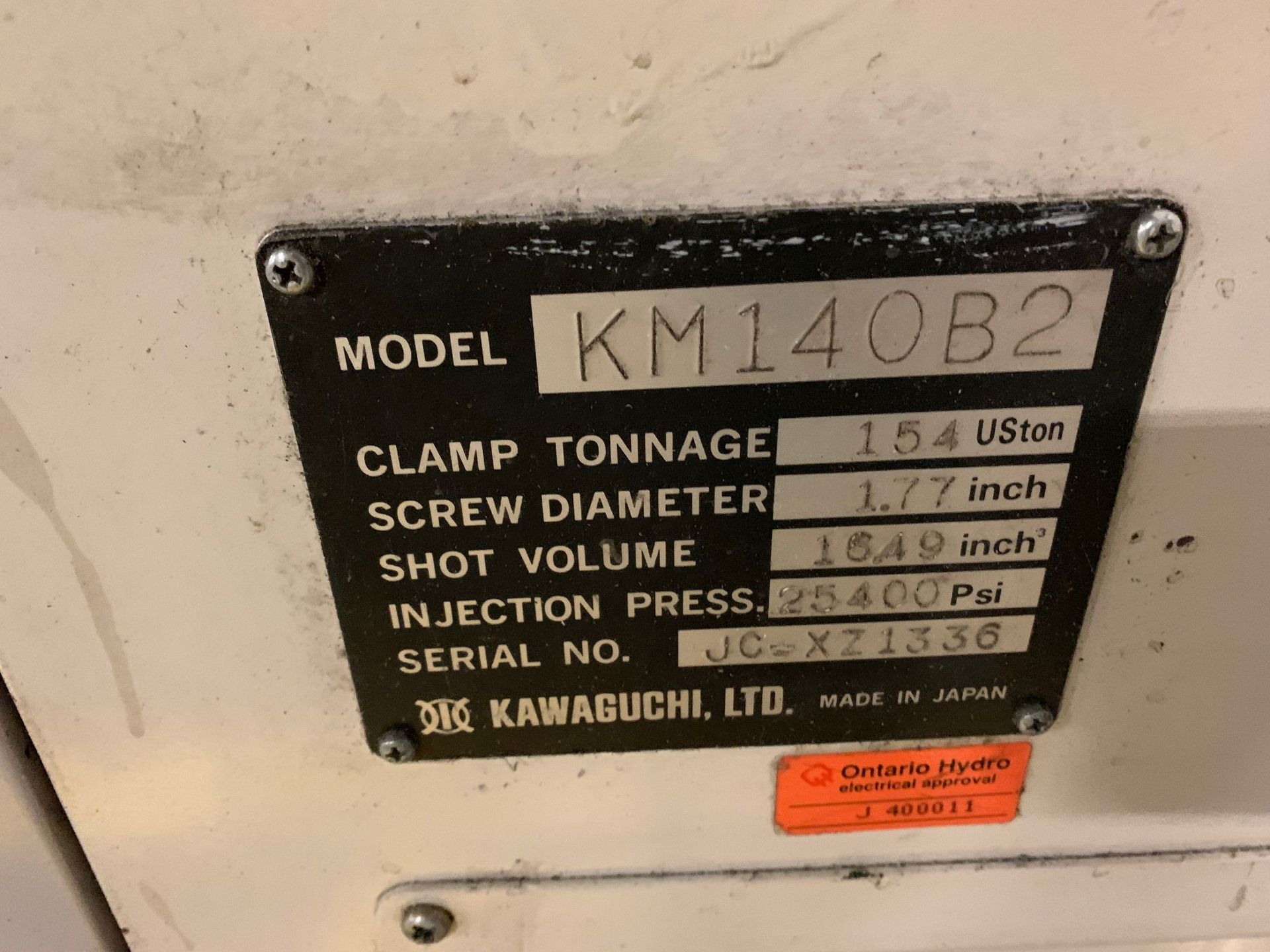 154 TON X 9 OZ. KAWAGUCHI MODEL KM140B2 TOGGLE CLAMP PLASTIC INJECTION MOLDING MACHINE; S/N JC- - Image 12 of 12