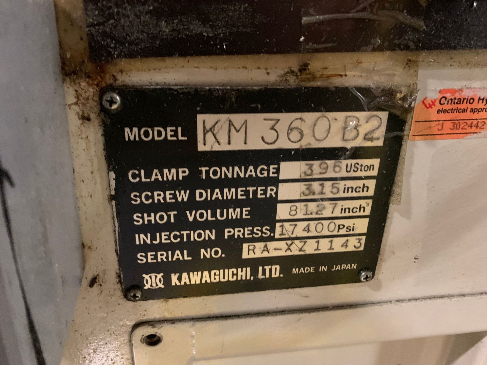 396 TON X 44 OZ. KAWAGUCHI MODEL KM360B2 TOGGLE CLAMP PLASTIC INJECTION MOLDING MACHINE; S/N RA- - Image 13 of 13