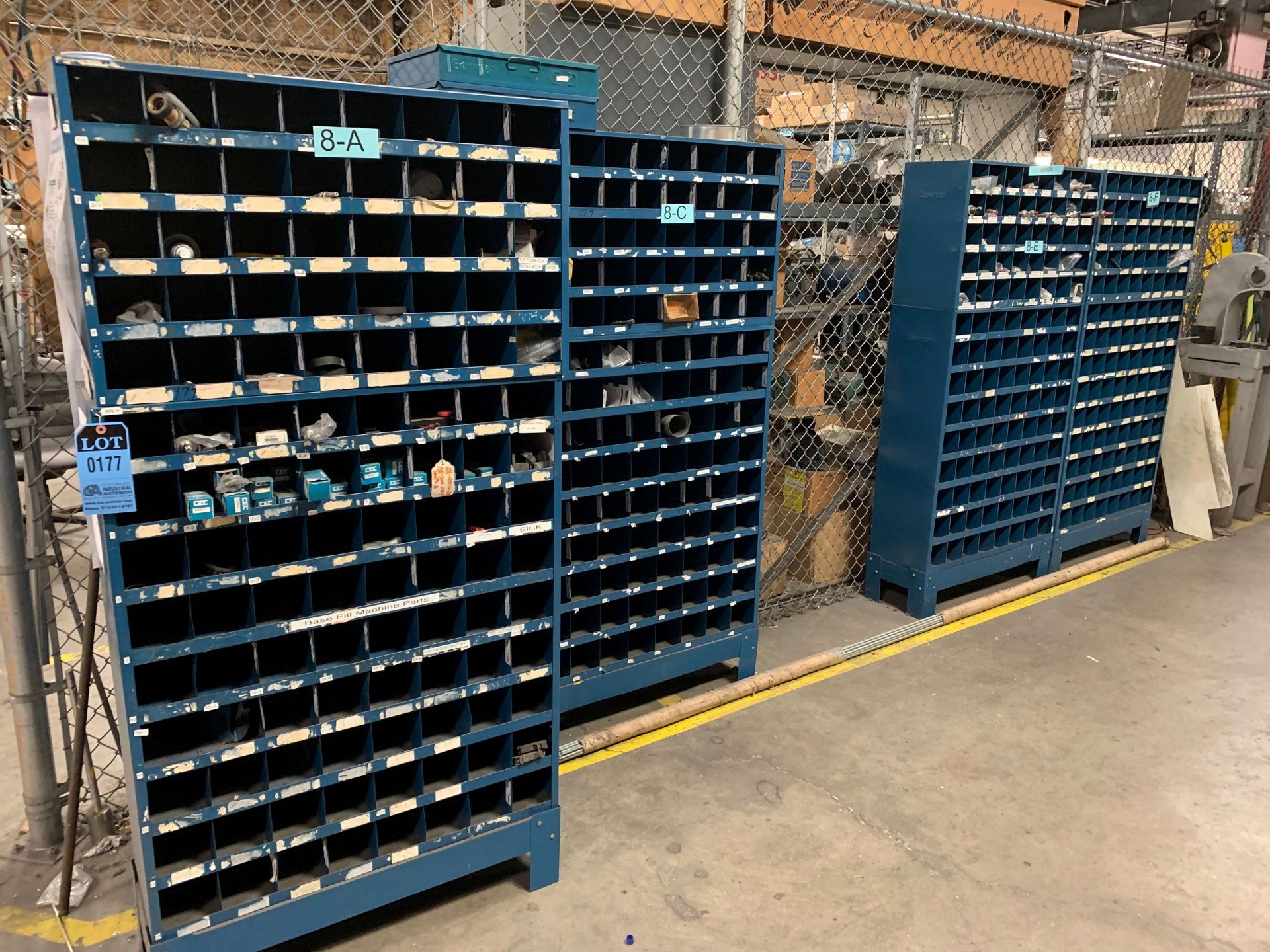 (LOT) (5) SECTIONS BOWMAN PIGEON HOLE CABINETS W/ CONTENTS INCLUDING VARIOUS TOOLING, FUSES,