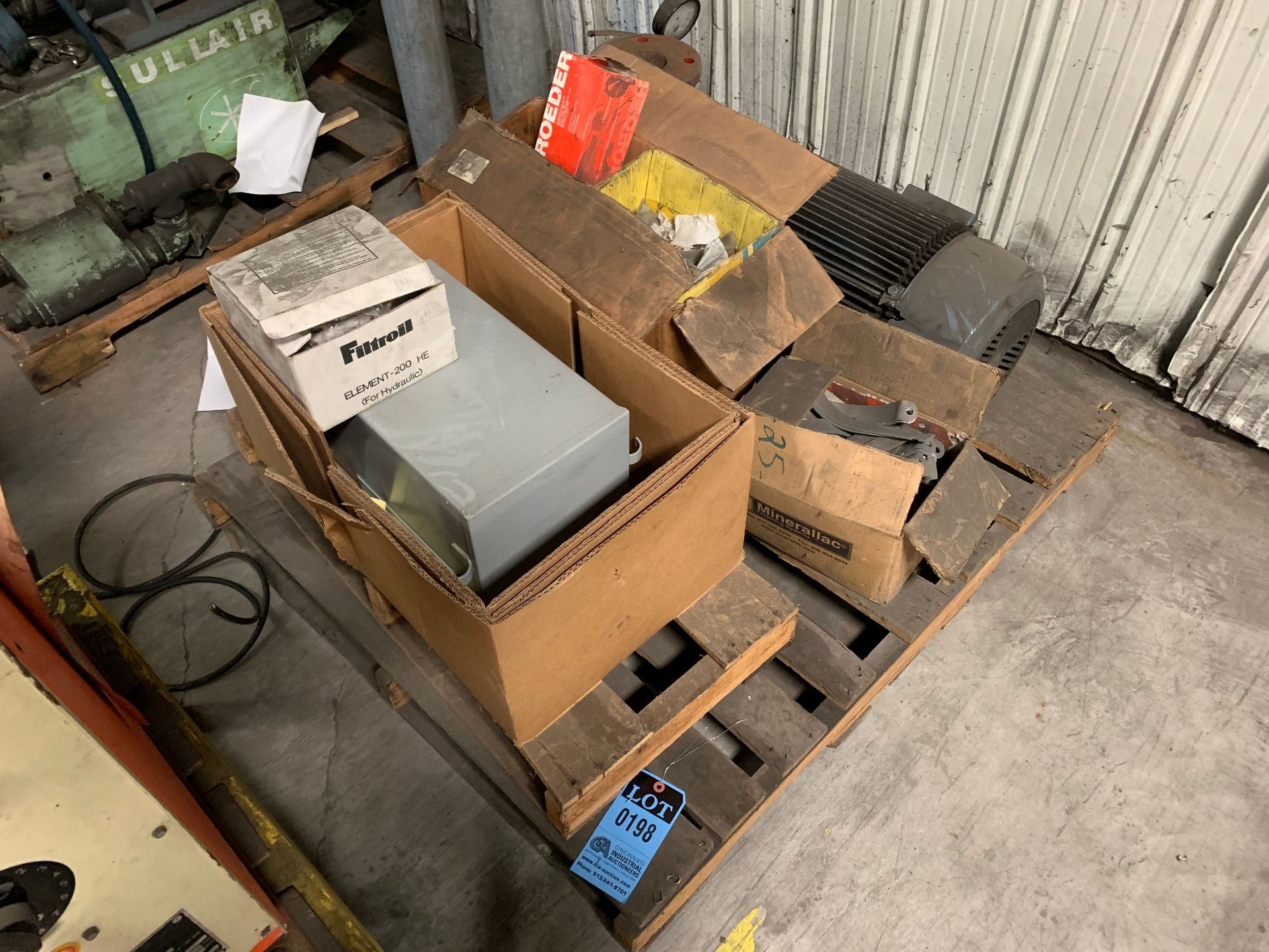 SKID OF MISC. ELECTRIC COMPONENTS INCLUDING ELECTRICAL BOXES & MOTOR W/ PUMP