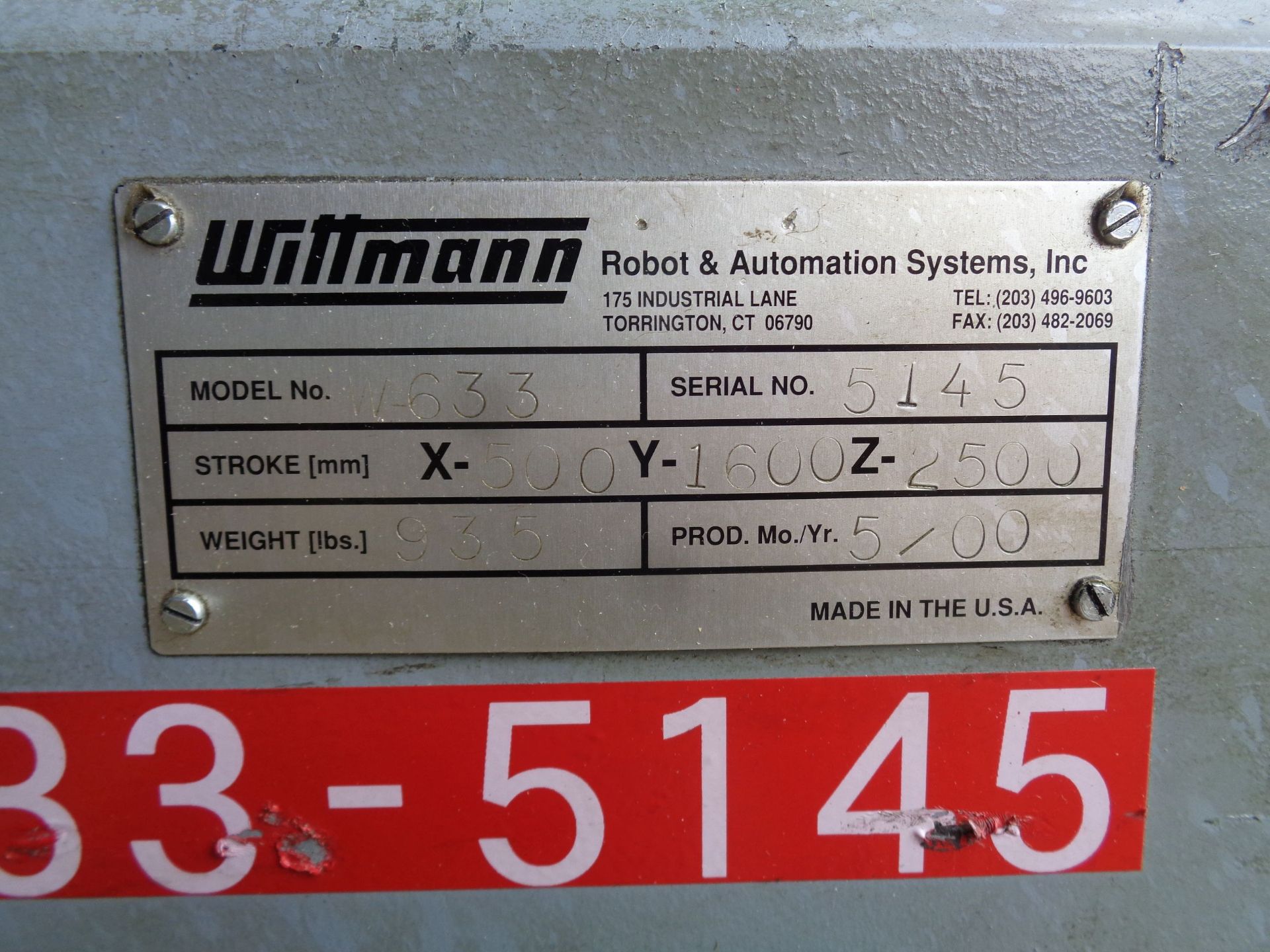 **WITTMAN MODEL W633 THREE-AXIS C-SERVO RETILINEAR PARTS REMOVAL ROBOT; S/N 5145, X-500, Y-1200, Z- - Image 4 of 9